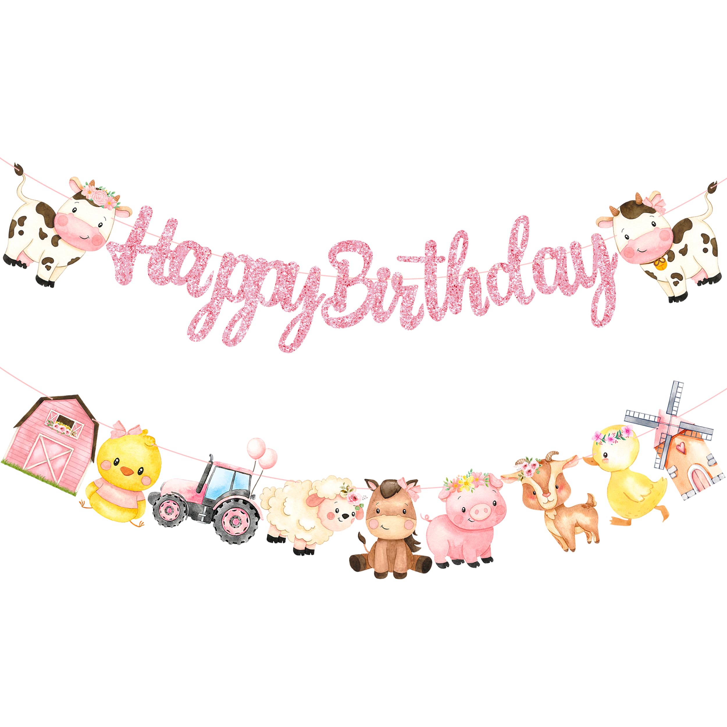 Pancartas de cumpleaños con temática de granja con purpurina rosa