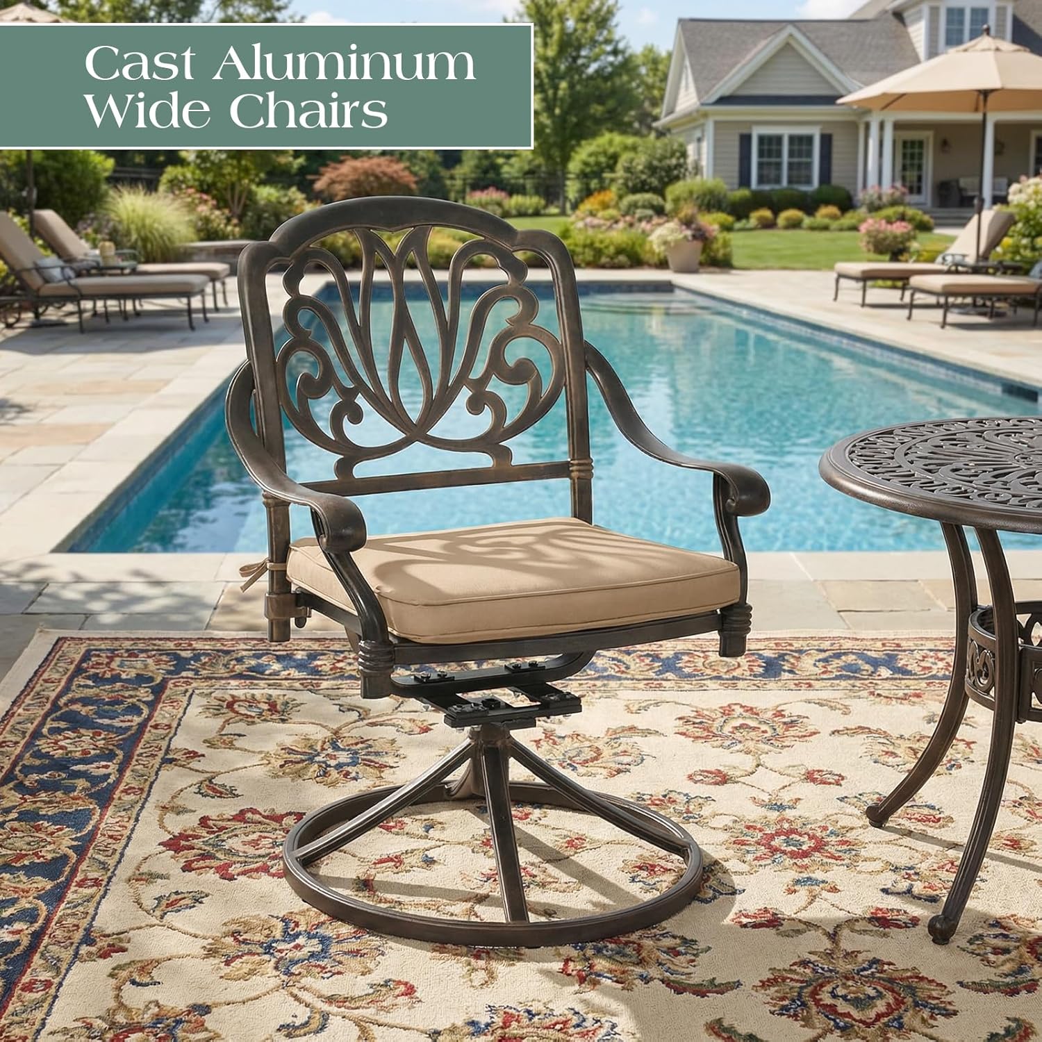 Outdoor Swivel Dining Chairs, Bronze Cast Aluminum Patio Dining Chairs Extra Wide Armrest Swivel Rocker Outdoor Chairs with Cushion Patio Furniture for Garden, Backyard, Deck