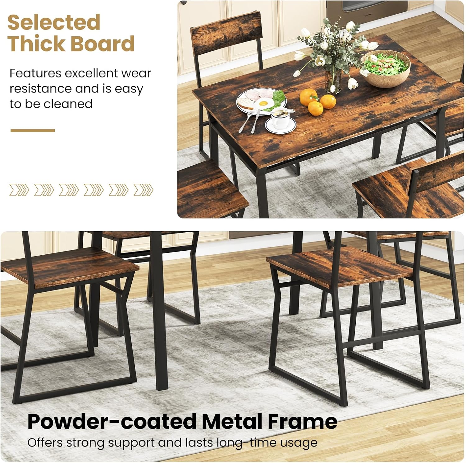 GOFLAME 5-Piece Dining Table Set, Dining Set for 4 with Sturdy Metal Frame, Storage Rack, Rectangular Kitchen Table & 4 Chairs Set for Dining Room, Dinette, Restaurant, Small Space, Rustic Brown