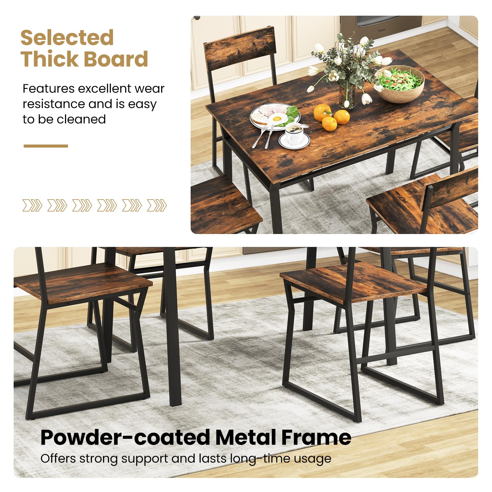 GIANTEX Essgruppe Esstisch mit 4 Stühlen, Esszimmergruppe Küchentisch Set für 4 Personen, Esszimmer Tisch Set Esstisch Metallrahmen, Esszimmergarnitur Sitzgruppe Industrie für Esszimmer Küche