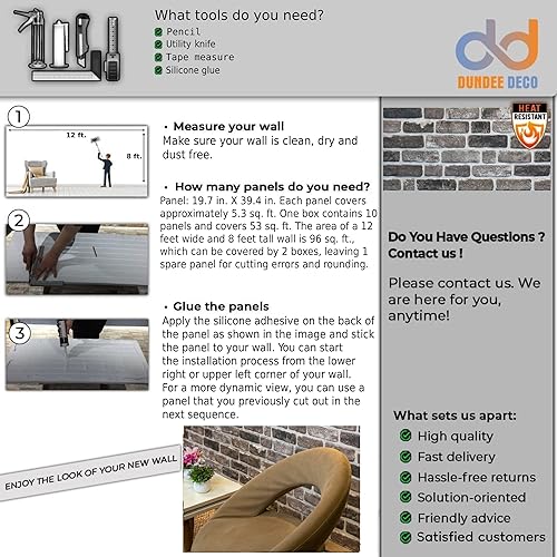 Miniatura 6 de Dundee Deco Paneles de pared 3D con efecto de ladrillo, revestimiento, paneles de pared con aspecto de piedra gris y negra, revestimiento de espuma