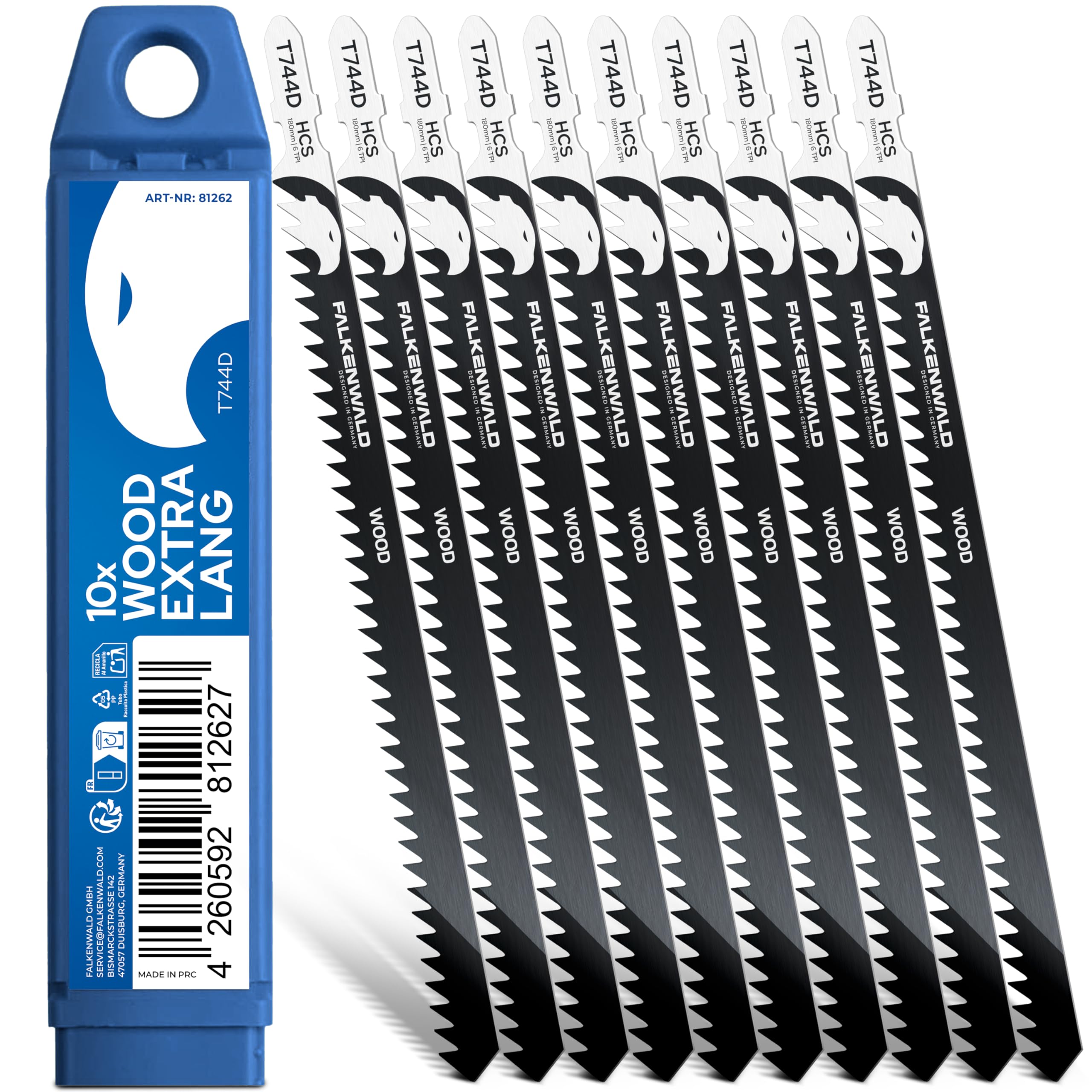 FALKENWALD® Stichsägeblätter Holz 10x T744D – Extra Lang 180mm - Für tiefe Schnitte bis 135mm - T-Schaft, HCS, 6 TPI – Für Weichholz, Hartholz, OSB, MDF, Laminat
