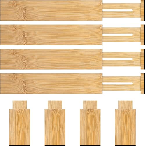 Miniatura 1 de BESHOF Divisores de cajones de bambú  Divisores telescópicos ajustables cosidos 126-216 pulgadas con almohadillas de goma de fricción con extensor