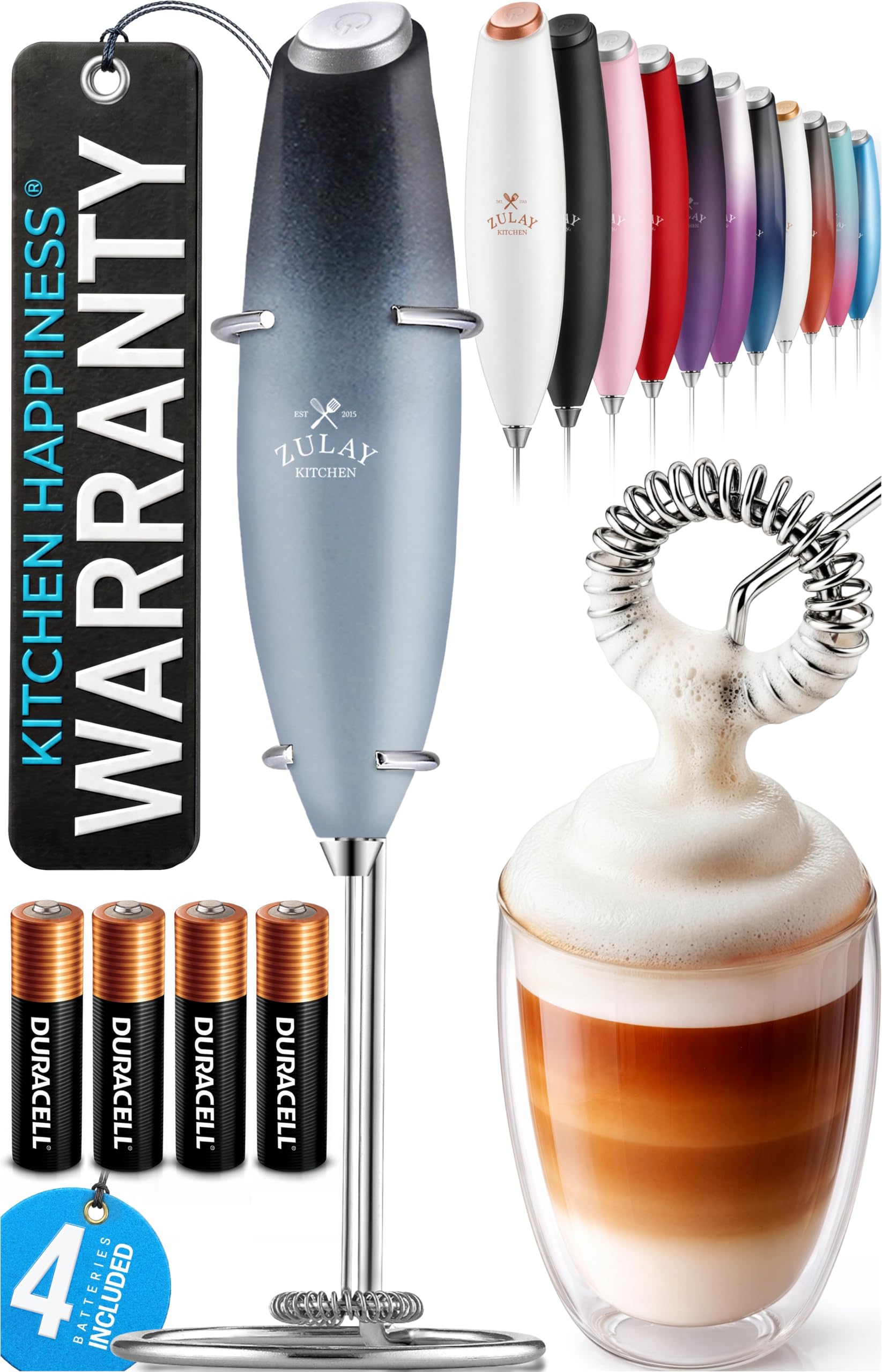 Zulay Kitchen Powerful Milk Frother Wand With Duracell Batteries - Ultra Fast Handheld Drink Mixer - Electric Whisk Foam Maker for Coffee, Lattes, Cappuccino &amp; Matcha - Z1 Motor - Storm Blend