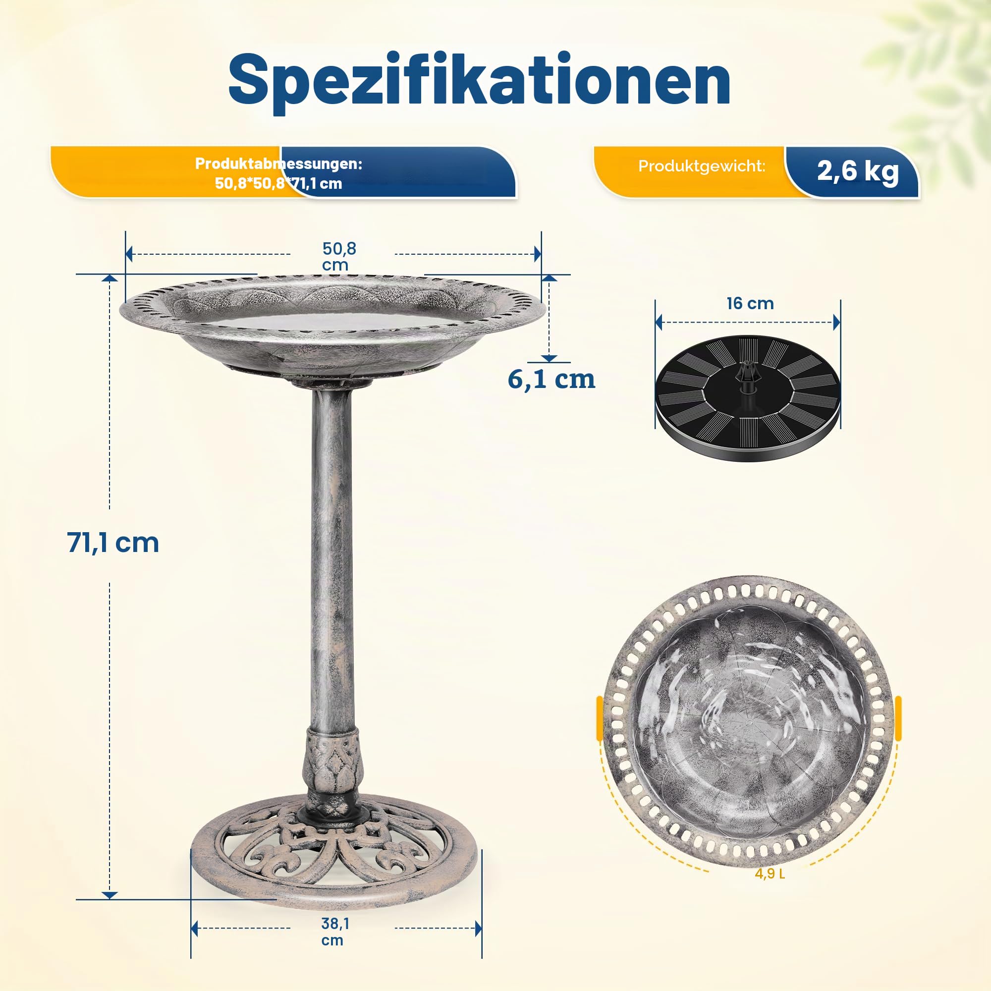 VIVOHOME Vogeltränke mit Solarbrunnen 2 in 1 Antike Vogelbad für Draußen Garten Vogelbecken Futter Schüssel für Wildvögel Wassertränke