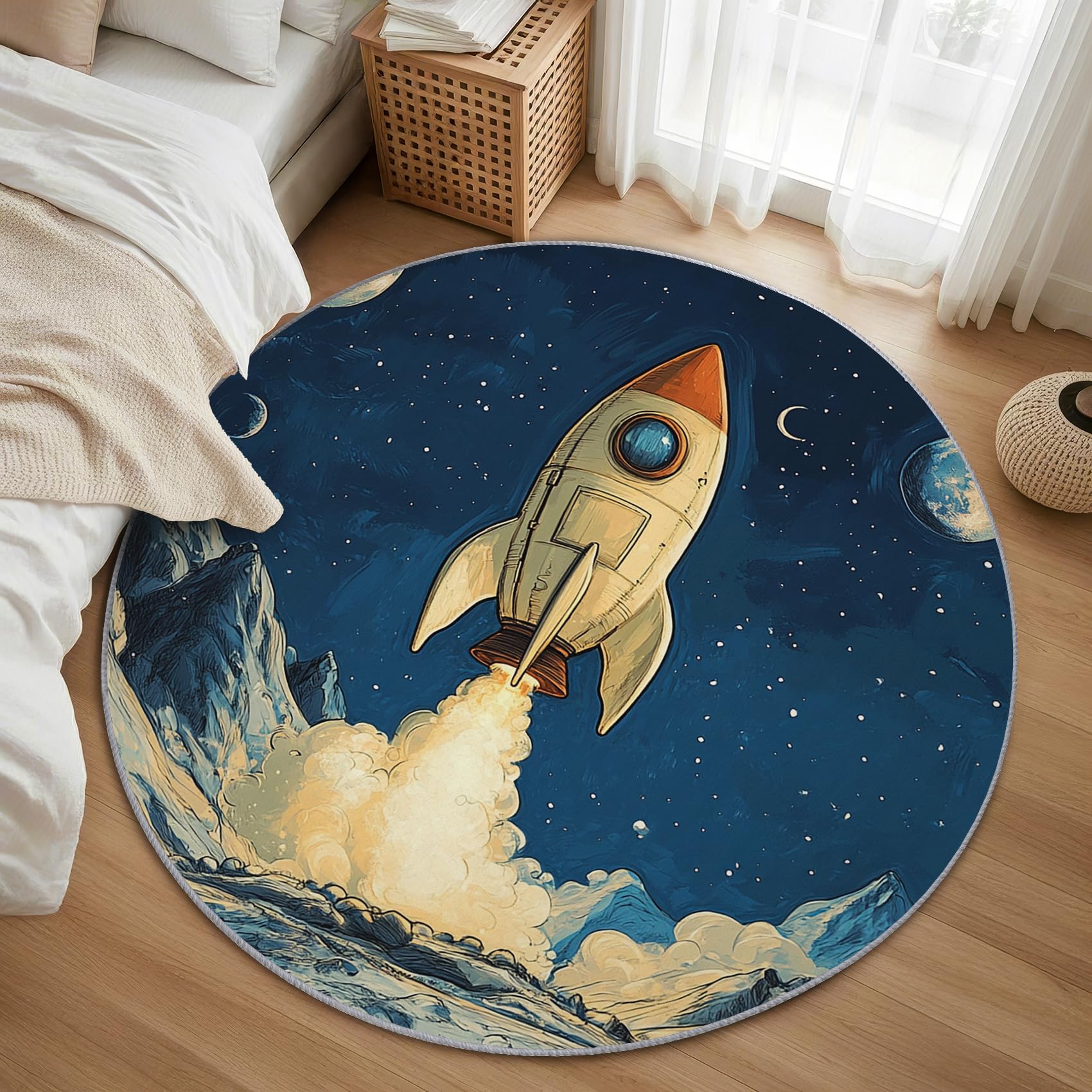 Rakete Teppich Rund 120cm Kurzflor - Waschbare Teppiche Wohnzimmer Kinder Weltraum Raketen Motiv - Runder Teppich 120 Durchmesser - Bettvorleger Schlafzimmer rutschfest Weich
