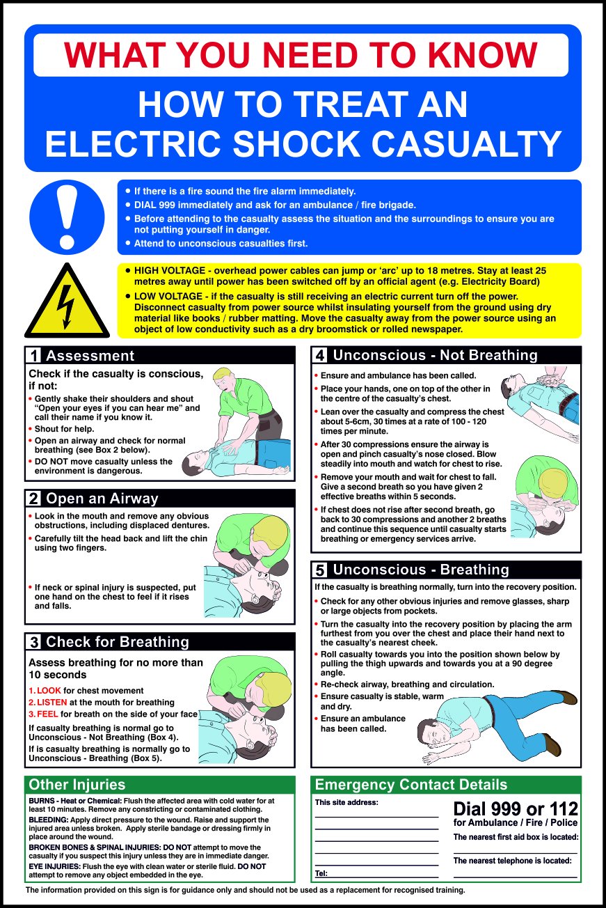 Spectrum Industrial Multi-Colour Electric Shock First Aid Safety Poster - 400Mm X 600Mm - Durable 1.2Mm Recyclable Polypropylene, Workplace Health & Safety Guide