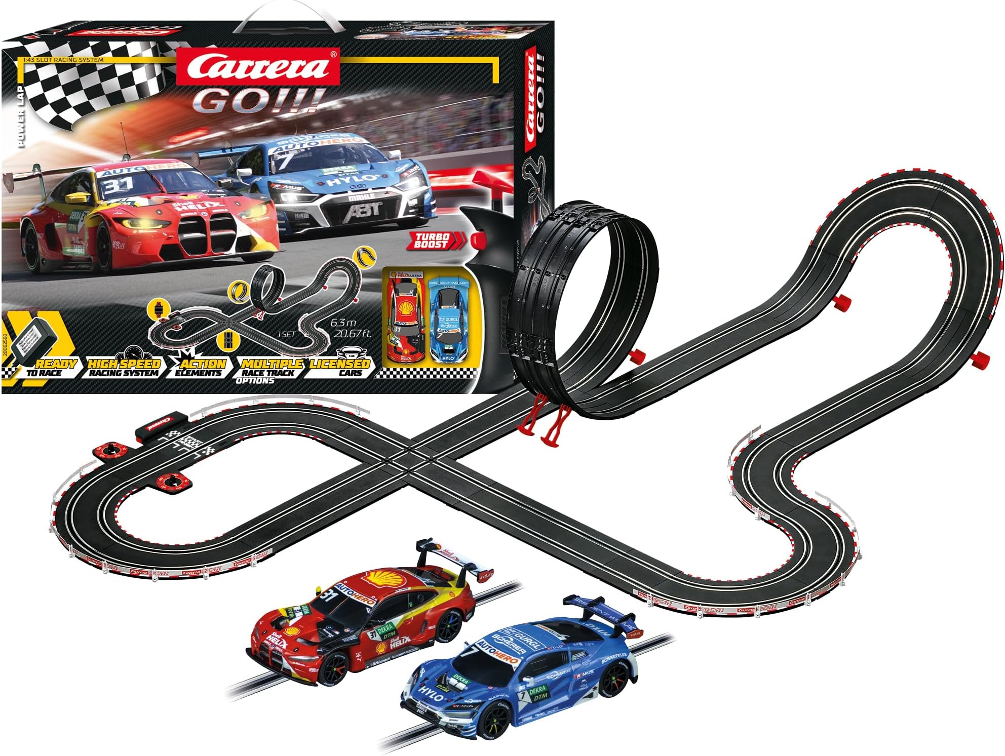 Carrera GO Electric Powered Slot Car Racing Kids Toy Race Track Set 1:43 Scale, Power Lap