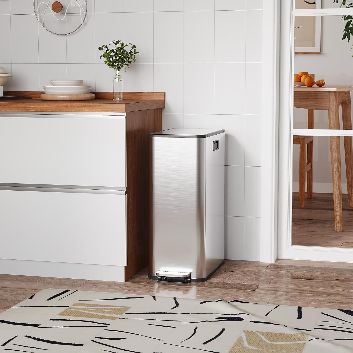 Takywep 15-Gallon Dual Trash Can, 2x28l Stainless Steel Large Kitchen Trash Bin with Removable Inner Buckets & Butterfly Lid, Step-on Pedal Kitchen Rubbish Bin for Kitchen, Living Room, Silver