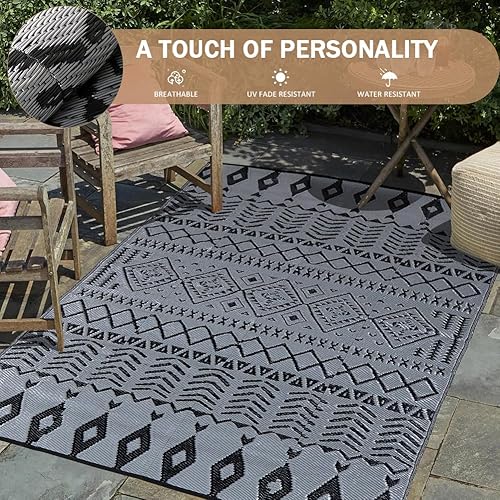 Miniatura 48 de Alfombras reversibles - Alfombra de paja de plástico, alfombra para exteriores, alfombra de área moderna, alfombra grande para exteriores, RV, Negro