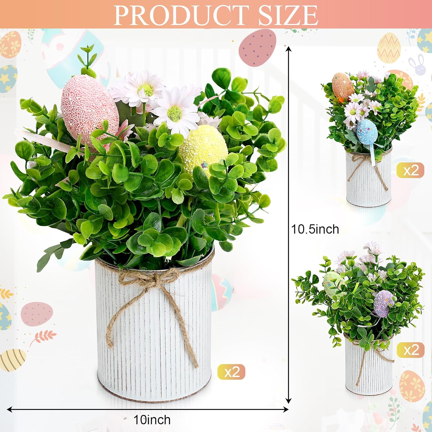 Spring Easter Table Decorations Centerpieces – Set of 6 Pre-Made Eggs Tabletop Arrangements with Rustic Metal Vase for Farmhouse Dining Room Home Kitchen Indoor Party Office Decor