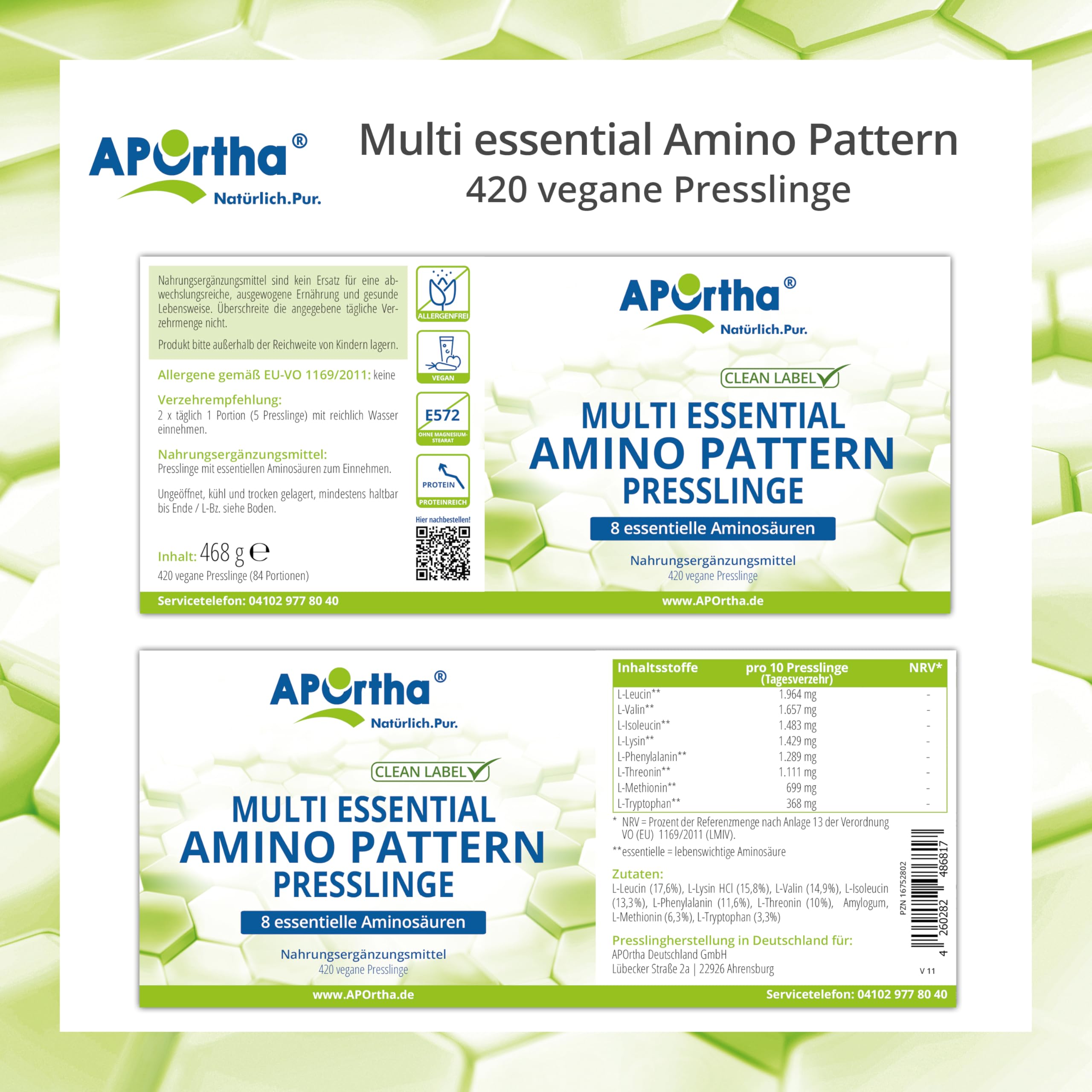APOrtha® Amino Pattern Presslinge – 420 Presslinge mit 8 essentiellen Aminosäuren nach Prof. Dr. Lucà-Moretti, ausgewogenes Aminosäuren-Profil, EAA Presslinge, vegan