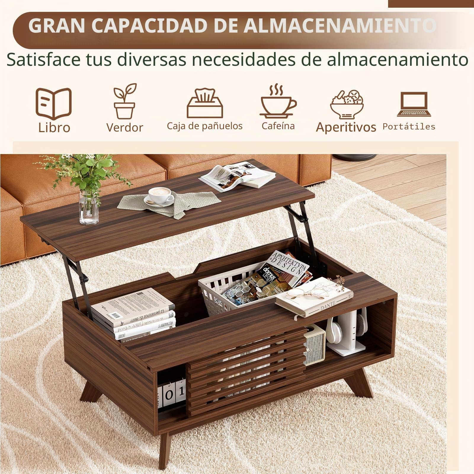 MSFE Mesa Centro Elevable, Mesa Elevable con Espacio de Almacenamiento y Extensión, Mesas de Café para Salón, Retro Medieval Mesas, Marrón Vintag