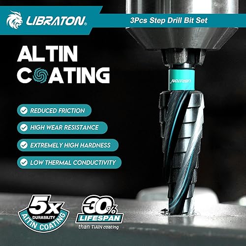 Miniatura 5 de LIBRATON Juego de brocas con paso de flauta en espiral, M35 cobalto Unibit de 18 a 78 pulgadas, brocas con revestimiento AlTiN, cuatro flautas en