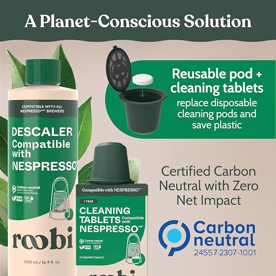 Roobi Descaling and Cleaning Kit Compatible with Nespresso Original Line. Includes 1 Bottle of Descaling Solution, 12 Cleaning Tablets and 1 Reusable Pod. Carbon Neutral. 1 Year Supply. | 500ml Bottle of Descaling Solution, 12 Cleaning Tablets, 1 Reusable Pod, Carbon Neutral, 1 Year Supply