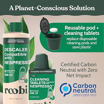 Roobi Descaling and Cleaning Kit Compatible with Nespresso Original Line. Includes 1 Bottle of Descaling Solution, 12 Cleaning Tablets and 1 Reusable Pod. Carbon Neutral. 1 Year Supply. | 500ml Bottle of Descaling Solution, 12 Cleaning Tablets, 1 Reusable Pod, Carbon Neutral, 1 Year Supply
