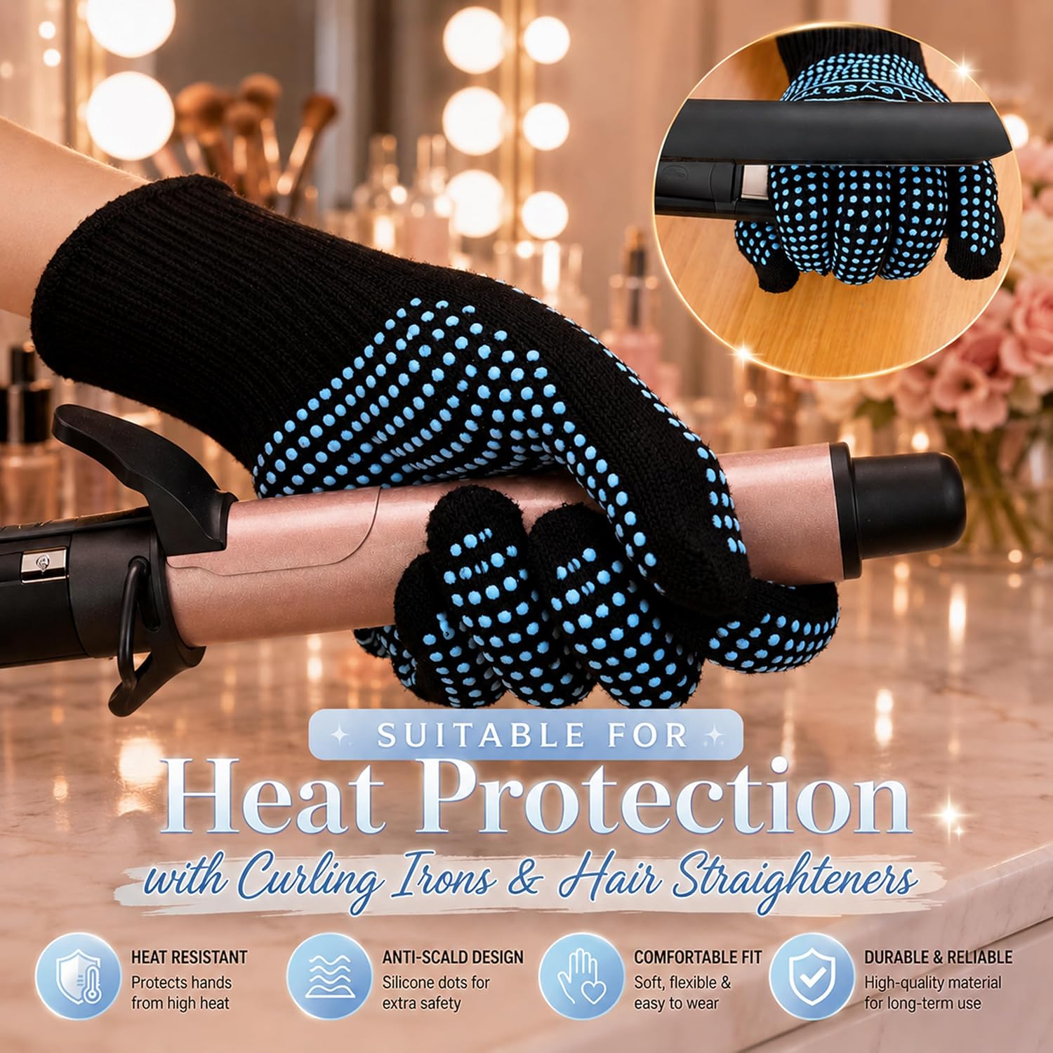 HEYSAM Heat-resistant Gloves with Silicone Bumps for Flat Iron Hair Straightener, Curling Wand, 2 Pcs Professional Heat Proof Gloves for Hair Styling, Blue