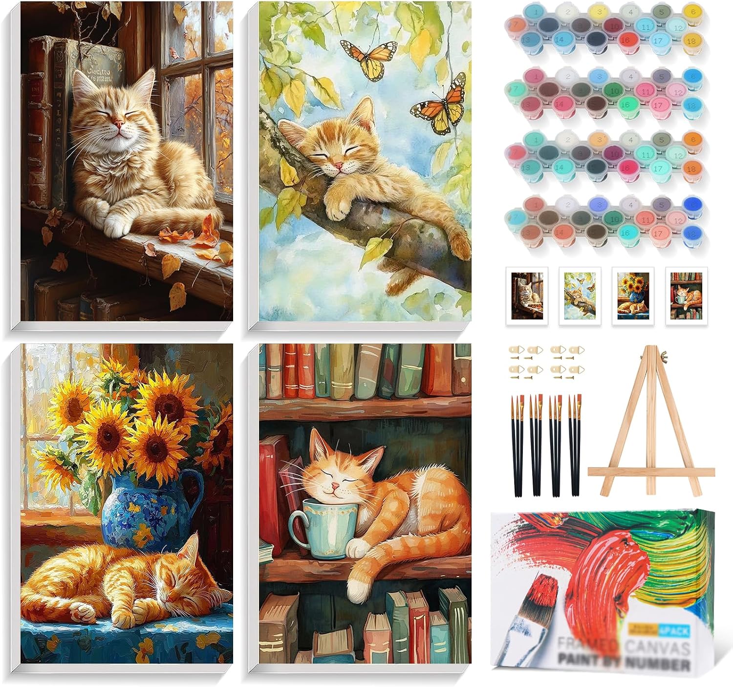 4 Pcs Framed Paint by Numbers Kit for Adults Sleeping Cat with Wooden Easel