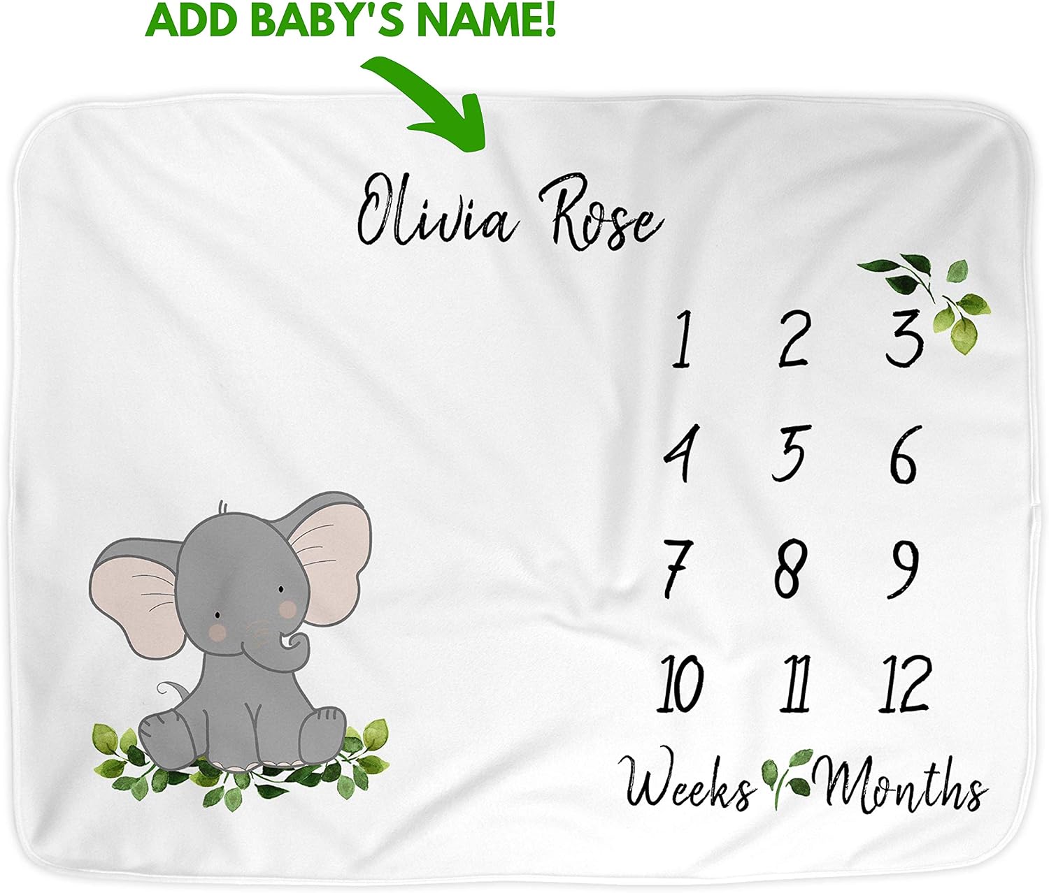 Baby Milestone Blanket for Girl or Boy | Large 58x36”, Personalize Name Newborn Photo Mat, Elephant Infant Month Blankets, Newborn Photography, Best for New Moms (Animal)