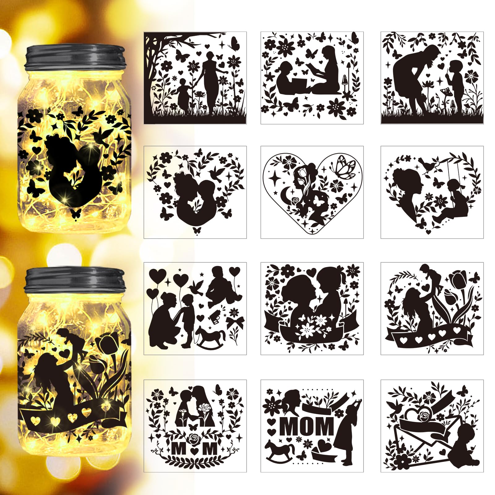 Peacoblue Mother Silhouette Mason Jar Decor, Lantern Cutouts 12PCS