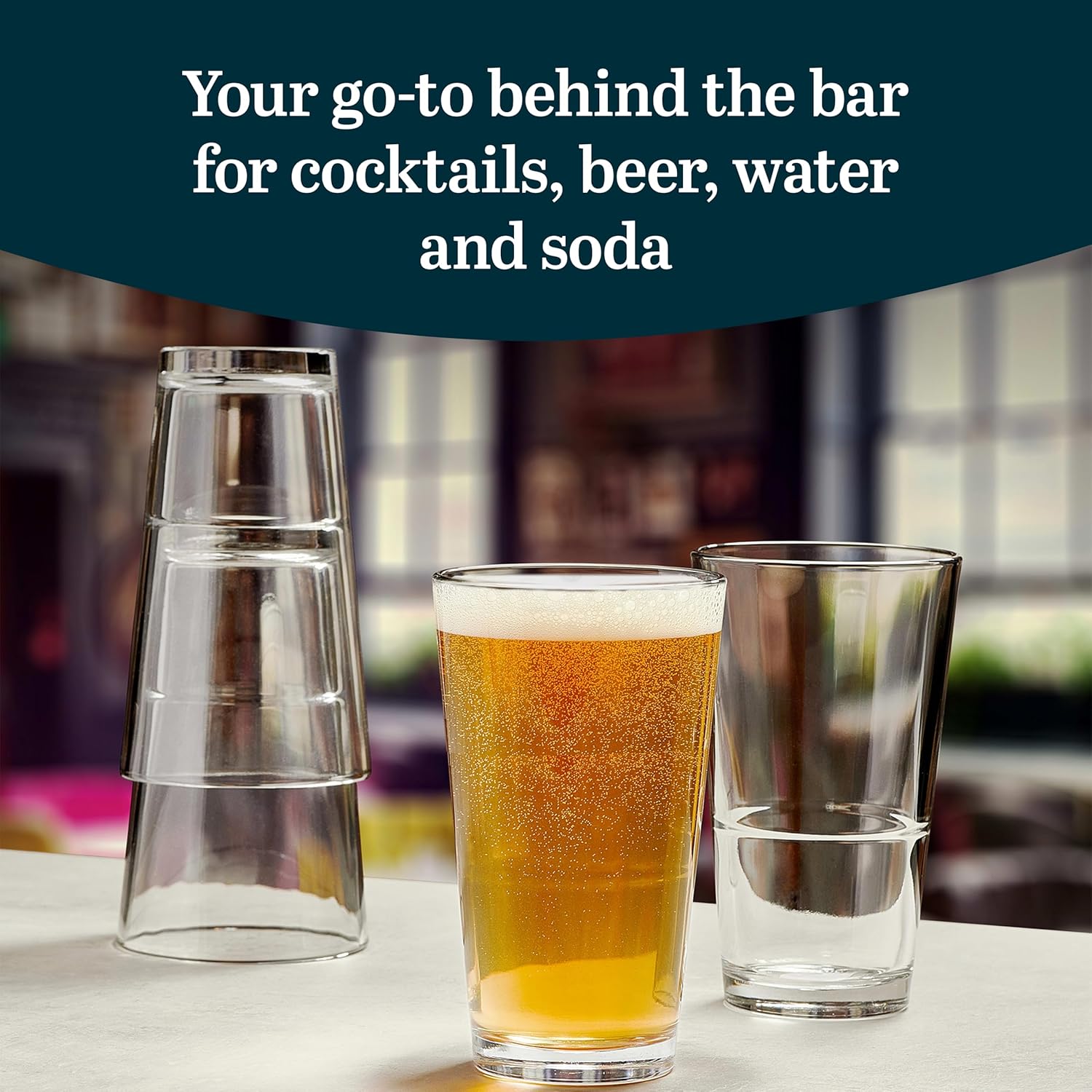 Libbey 15766 Restaurant Basics Stacking 16 oz Pint Glasses Set of 12, All Purpose Heavy Duty Glasses, Durable Glass Drinkware for Spirits and More