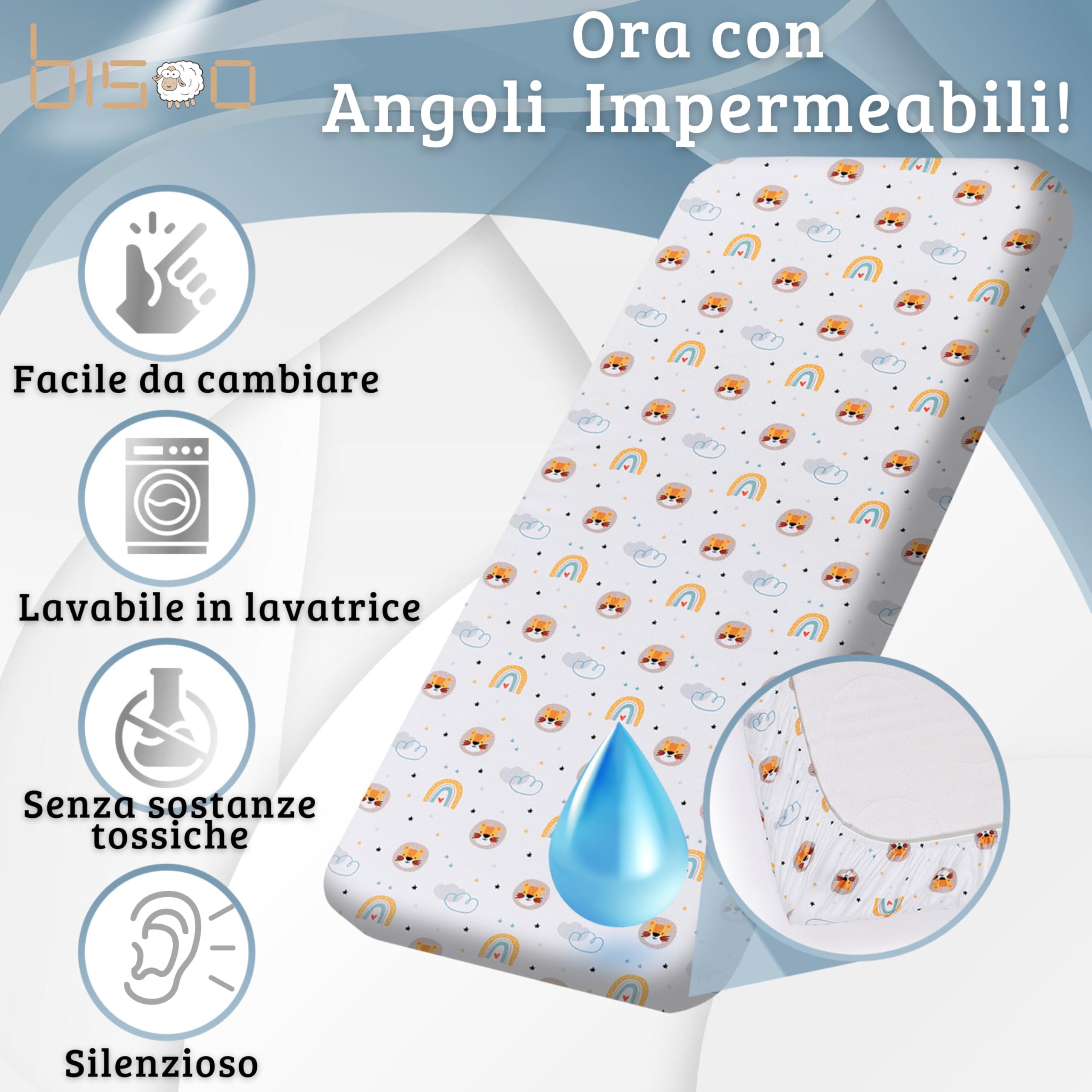 Bisoo Lenzuolo Magico 80x130 1 Leoni + 1 Righe Blu Lenzuolo con Angoli | 2 in 1, Risparmia il Coprimaterasso, Impermeabile, Traspirante, Morbido Cotone Jersey Oeko-Tex