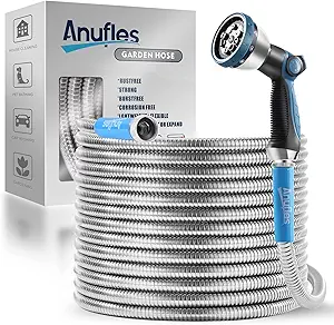 Metal Garden Hose 100ft Upgraded Kink Free and Rust Resistant Design, Stainless Steel Garden Hose With Solid Fitting and 8-Function Nozzle, Durable and Lightweight Outdoor Hose, Easy To Store