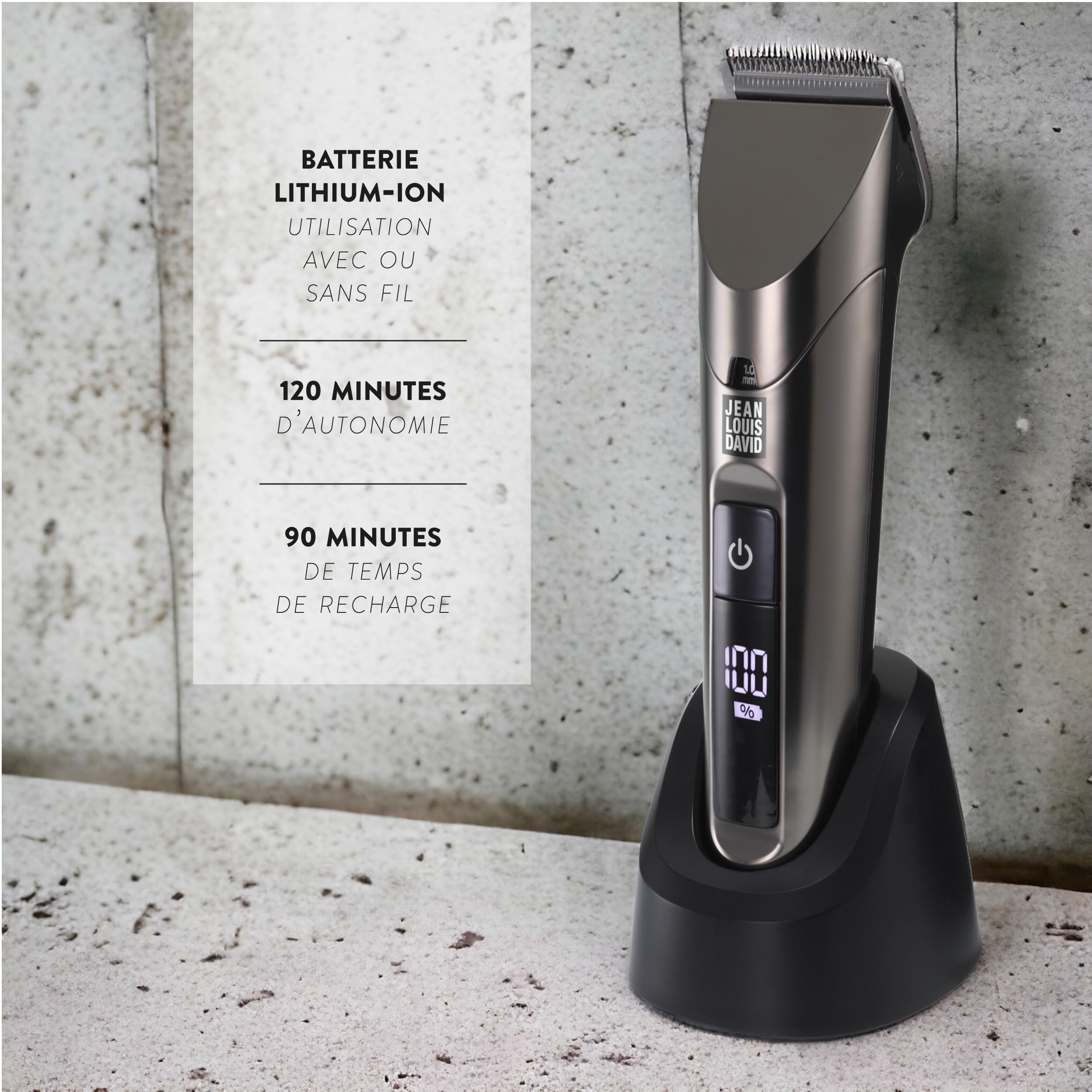 Jean Louis David - Tondeuse Cheveux Pro Hair Clipper - Lames Acier Inox - Revêtement Titanium Céramique - 20 Hauteurs - 120 Min Autonomie - Sans Fil - Accessoire Coupe Homme Précise et Polyvalente