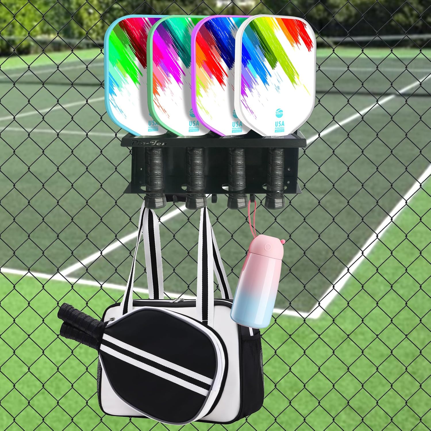 2PCS Pickleball Paddle Rack Holds 4 or 8 Paddles with Hooks Pickleball Storage Rack for Fence and Wall Pickleball Paddle Holder Outdoor No Installation Black