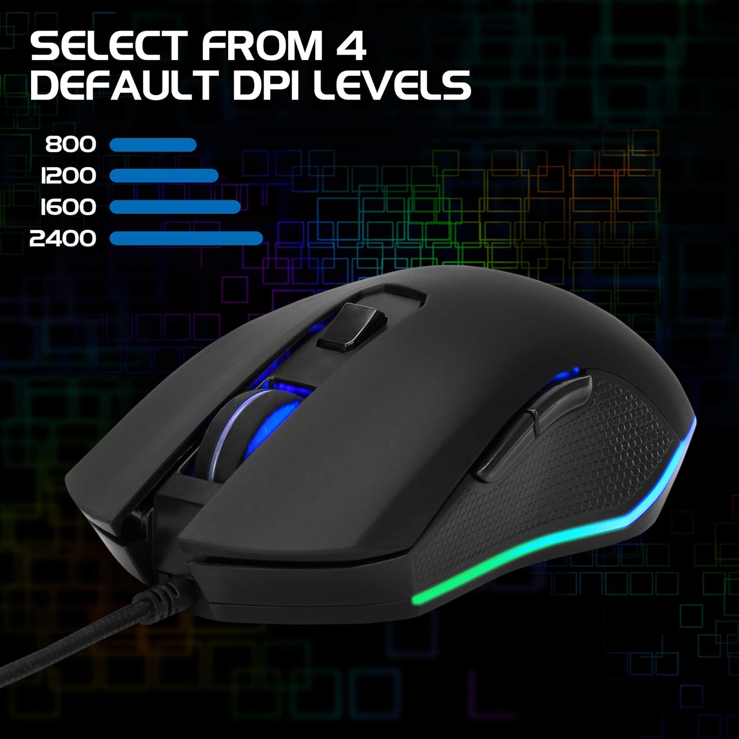 ENHANCE Infiltrate Gaming Mouse showing 4 DPI levels