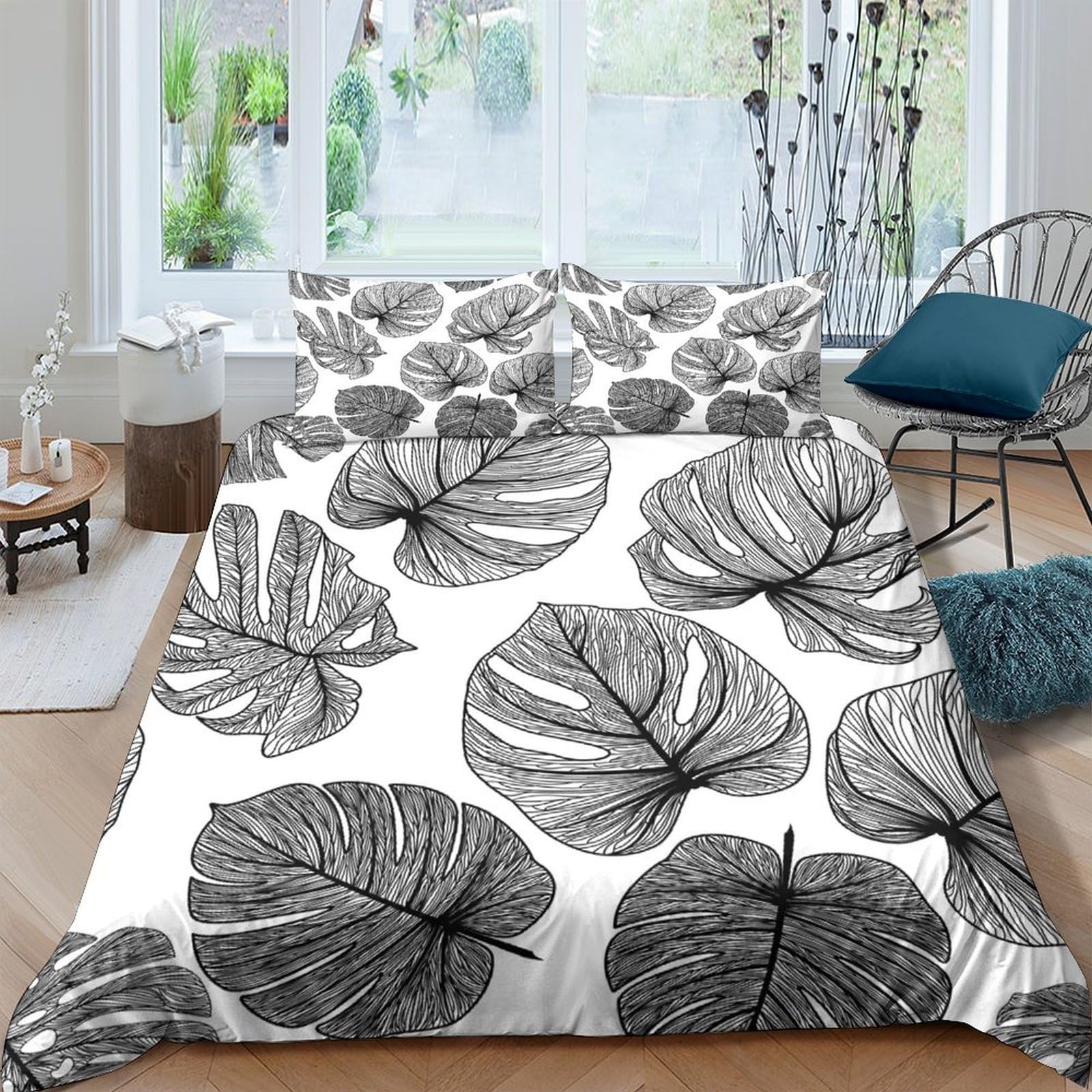 Ctjqhvkz Style-5 3D Printed Monstera Leaf Fitted Sheet Microfiber Black White Botanical Mattress Cover For Bedroom Guest Room Decor Single（135X200cm）