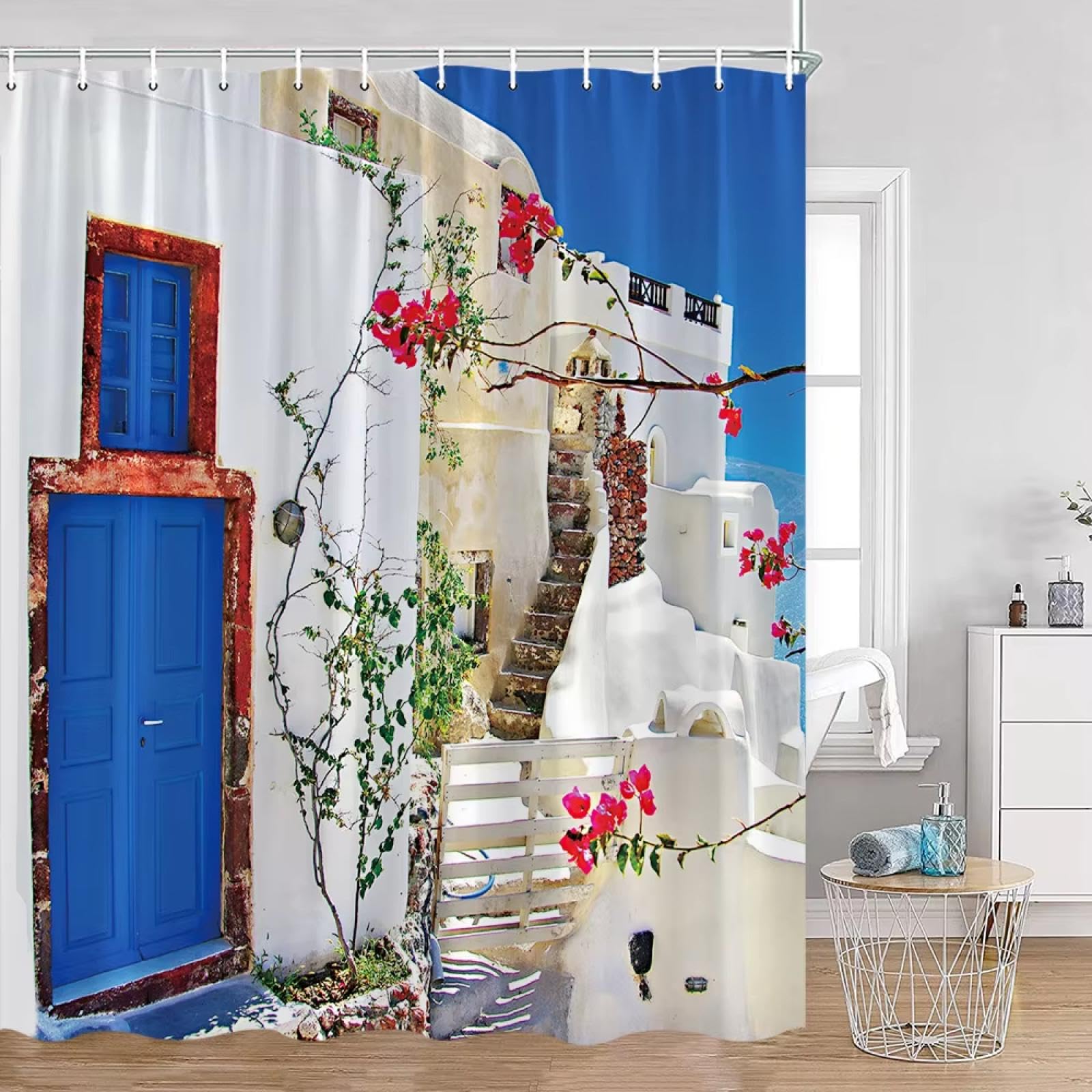 Rideau de douche méditerranéen 165x220cm grand format étanche motif paysage vintage