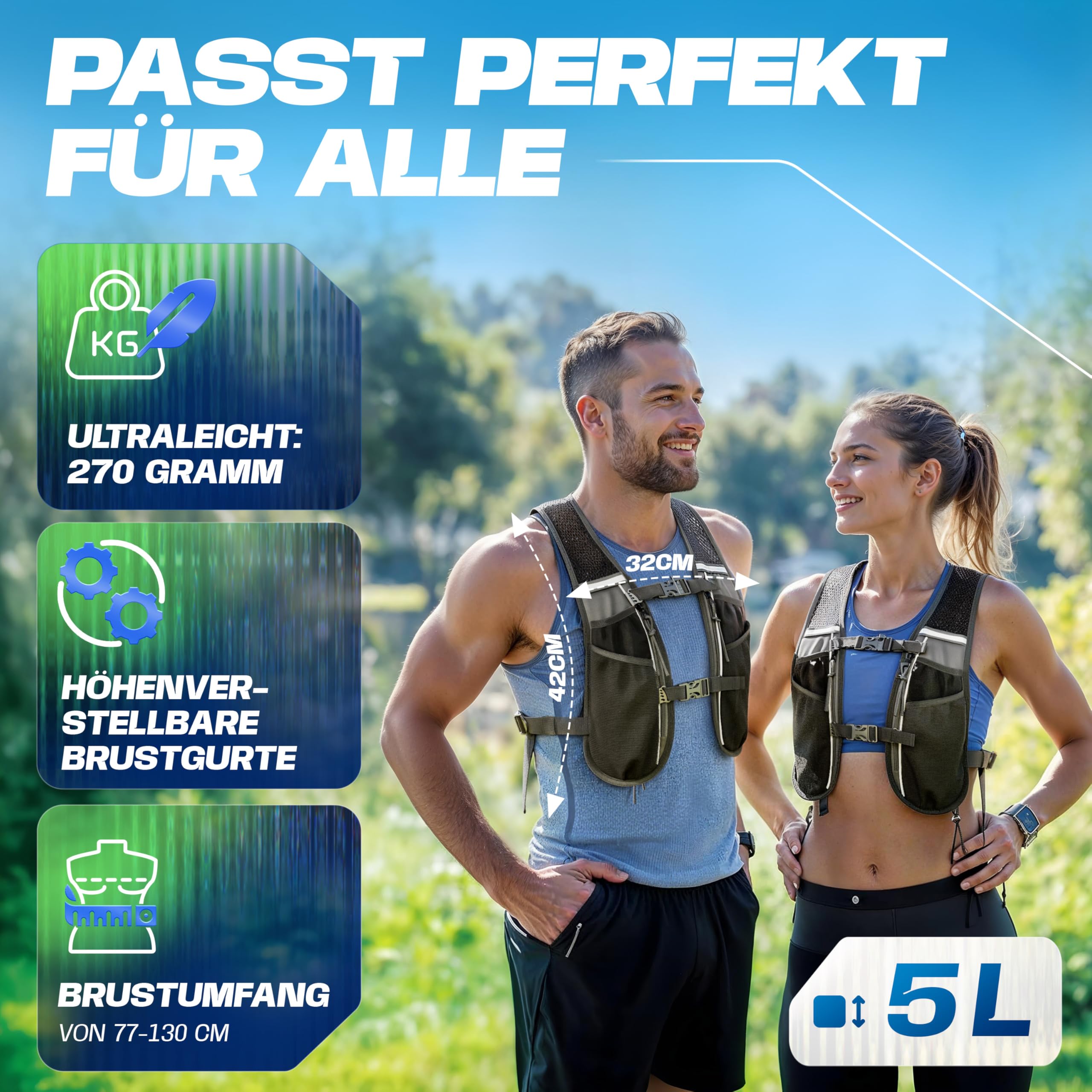 SASMO® Gilet de course pour homme et femme 5 l/2 l - Ultra léger et respirant - Sac à dos de course pour femme - 8 poches - Gilet de course pour homme - Gilet d'hydratation pour la course à pied