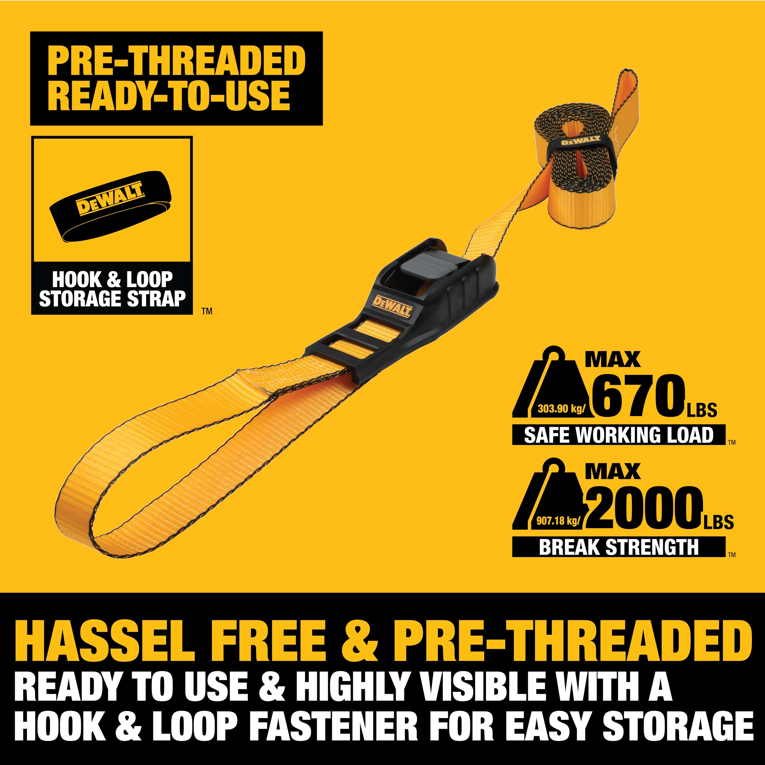 DEWALT DXBC90046 - Cinghie di ancoraggio di alta qualità, 3,2 x 3,2 cm, carico di lavoro sicuro 303,9 kg, resistenza alla rottura 0,9 kg, confezione da 2