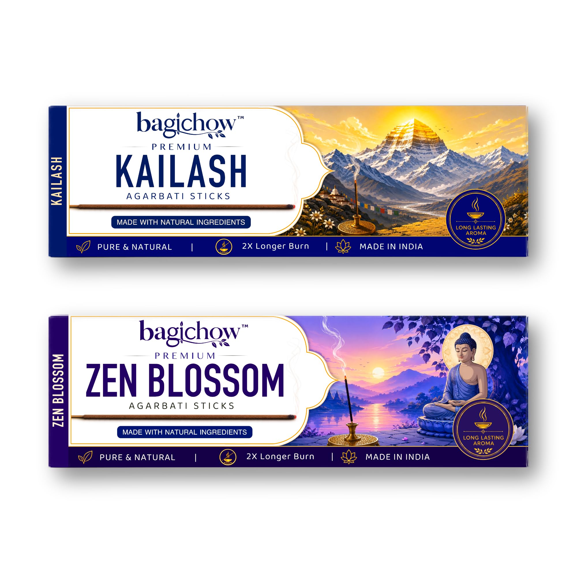 Premium Agarbatti Sticks Combo Pack | 100% Charcoal-Free Formula | Kailash & Zen Blossom | Long-Lasting Incense Sticks | 44 Sticks | 110g (55g Each)-image-26