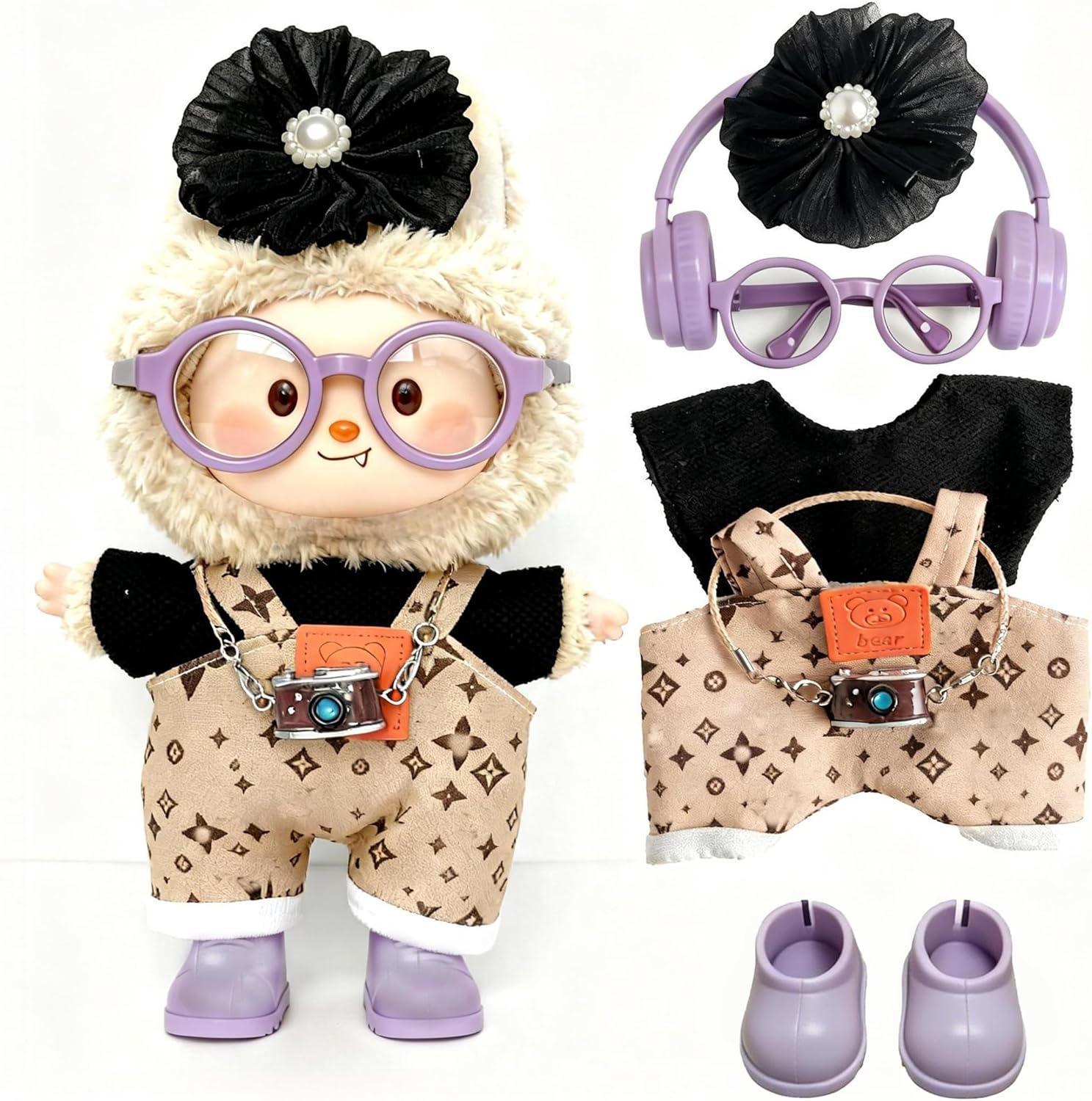 Clothes for Doll 17cm / 6.7'' (NO Doll) – 9-Piece Outfit Set with Suspender Shorts,Pink hat, Glasses, Camera & Shoes – Luxury Clothes Accessories for Collectors & Gifts (Sweet Street Mix Style)