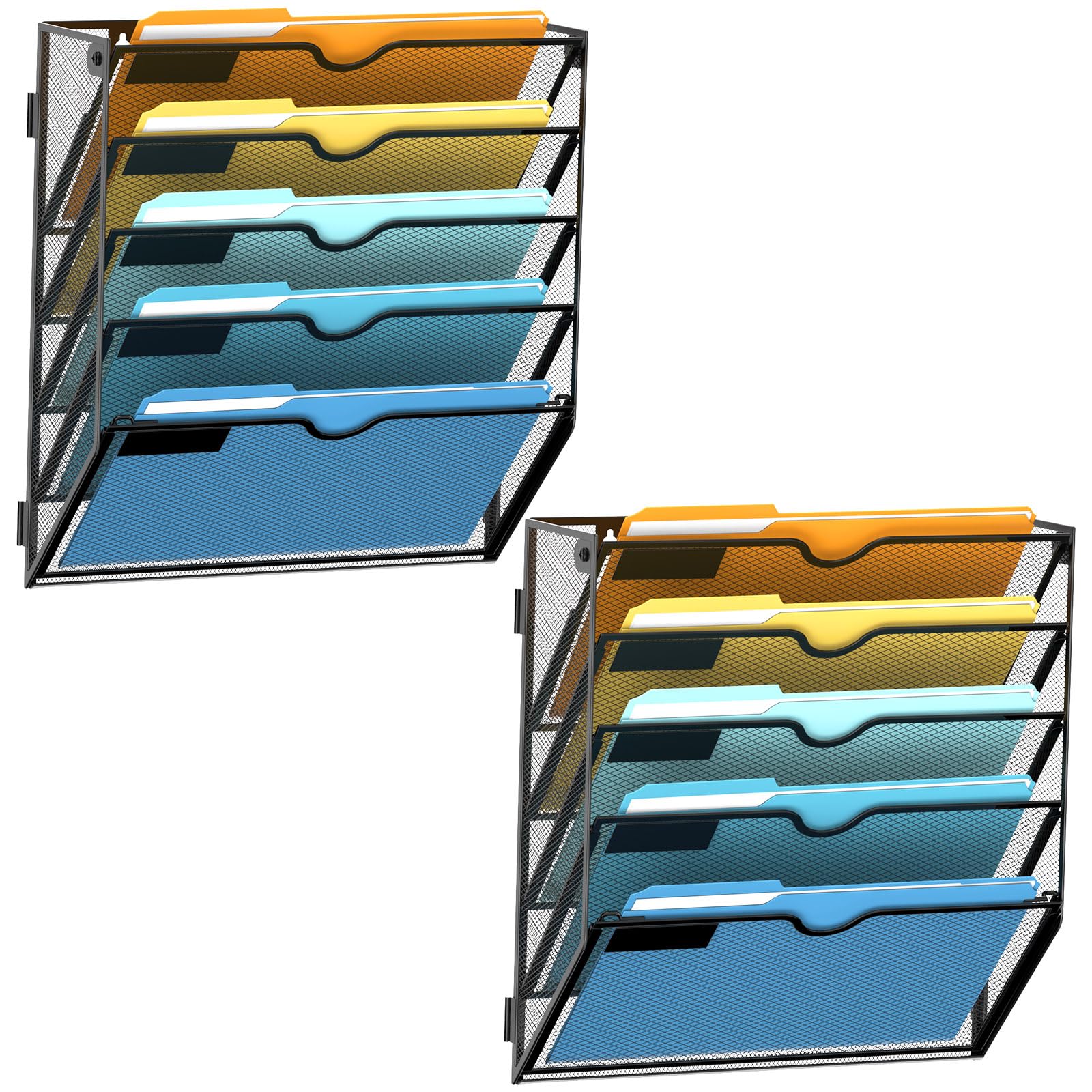 SUPEASY Organizer da parete a 5 ripiani con ganci, organizer per documenti da appendere, organizer per posta da parete, per documenti, cartelle, riviste da ufficio, nero, confezione da 2