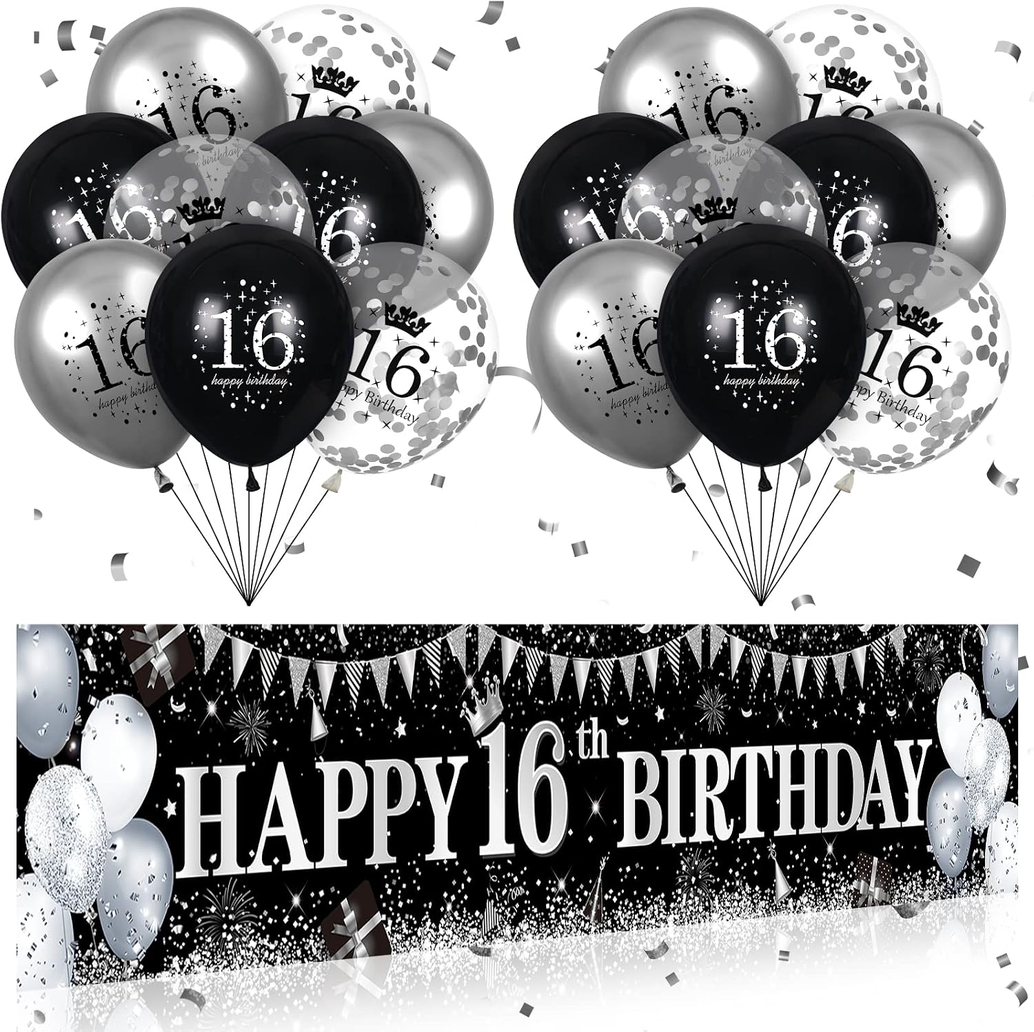Black Silver Happy 16th Birthday Decorations - Banner, Yard Sign, and 18Pcs Balloons for Boys Girls Anniversary Party Decor Supplies