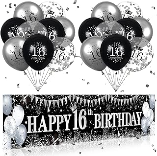 Black Silver Happy 16th Birthday Decorations Black Silver Happy 16th Birthday Banner Yard Sign and 18Pcs Black Silver 16th Birthday Balloons for Boys Girls Birthday Anniversary Party Decor Supplies