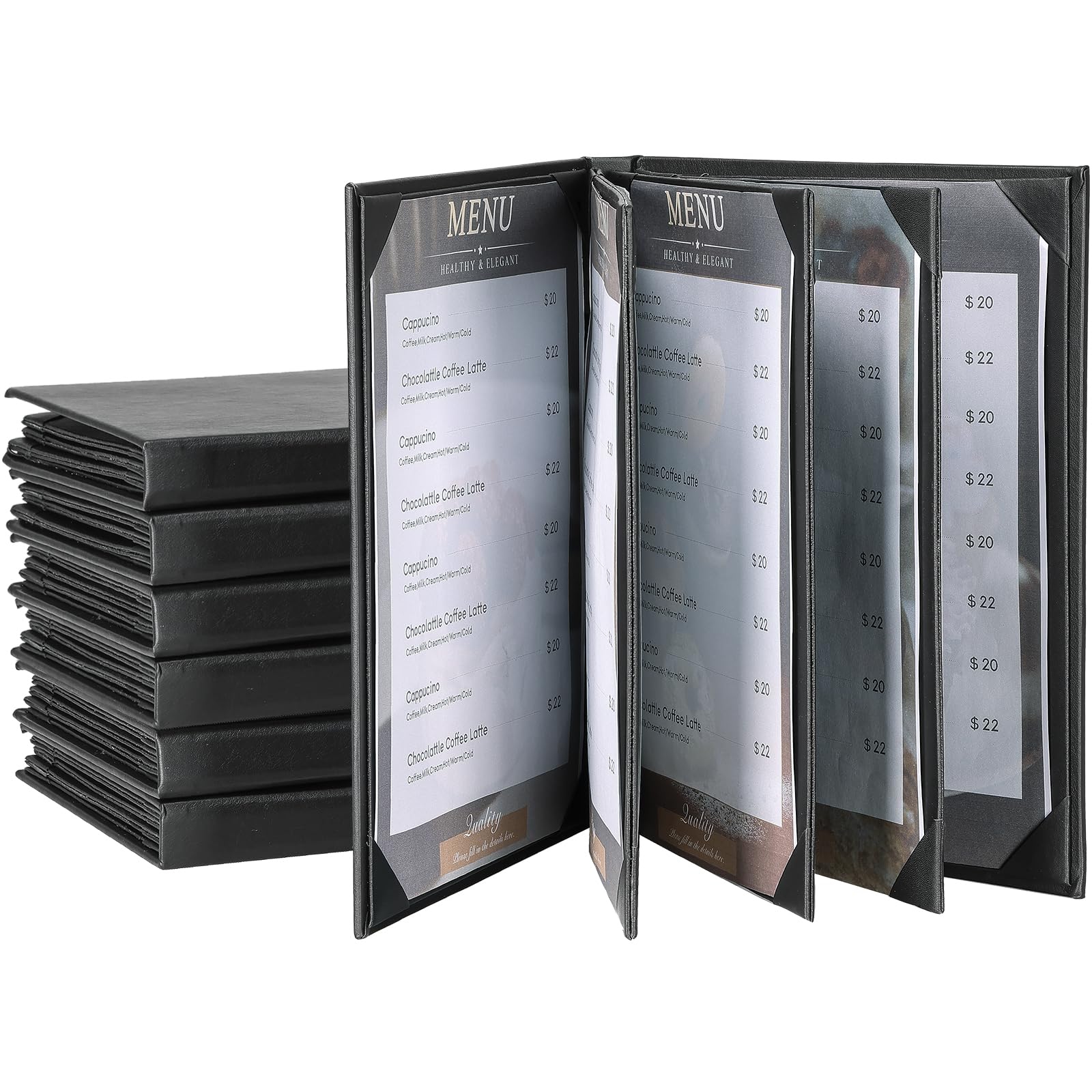AMGSH 6 Pack Menu Holder Menu Covers 8.5" x 11" | 8 View Black Leather Menu Sleeves Book Style Restaurant Menu Holders for Restaurant Coffee Bars Wine List (6 Pack 8 View)