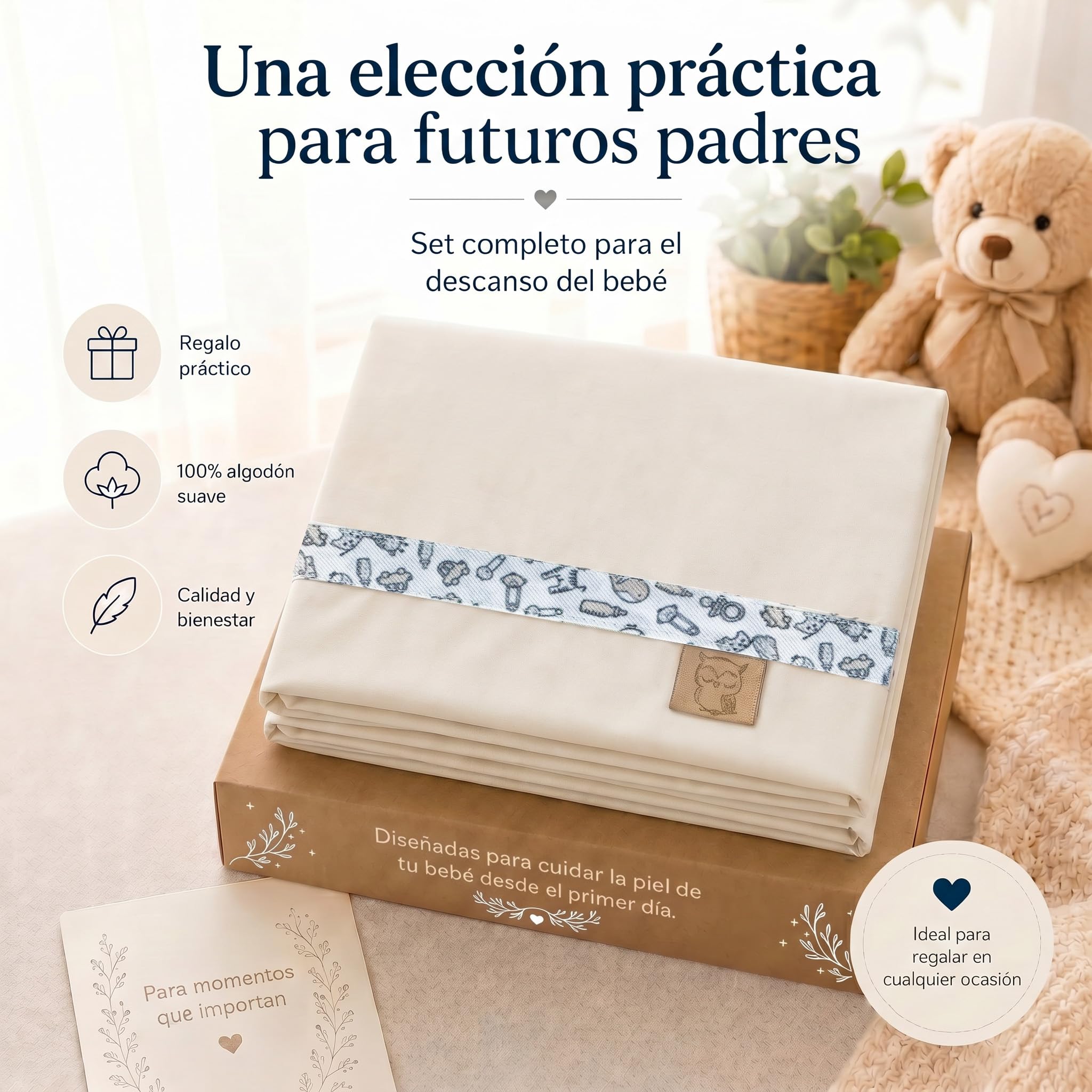 Sabanas Cuna 60x120 Algodon para Bebé, Juego Completo 3 Piezas con Bajera Ajustable, Encimera Y Funda De Almohada, 100% Algodón Suave para Descanso Diario (Crema)