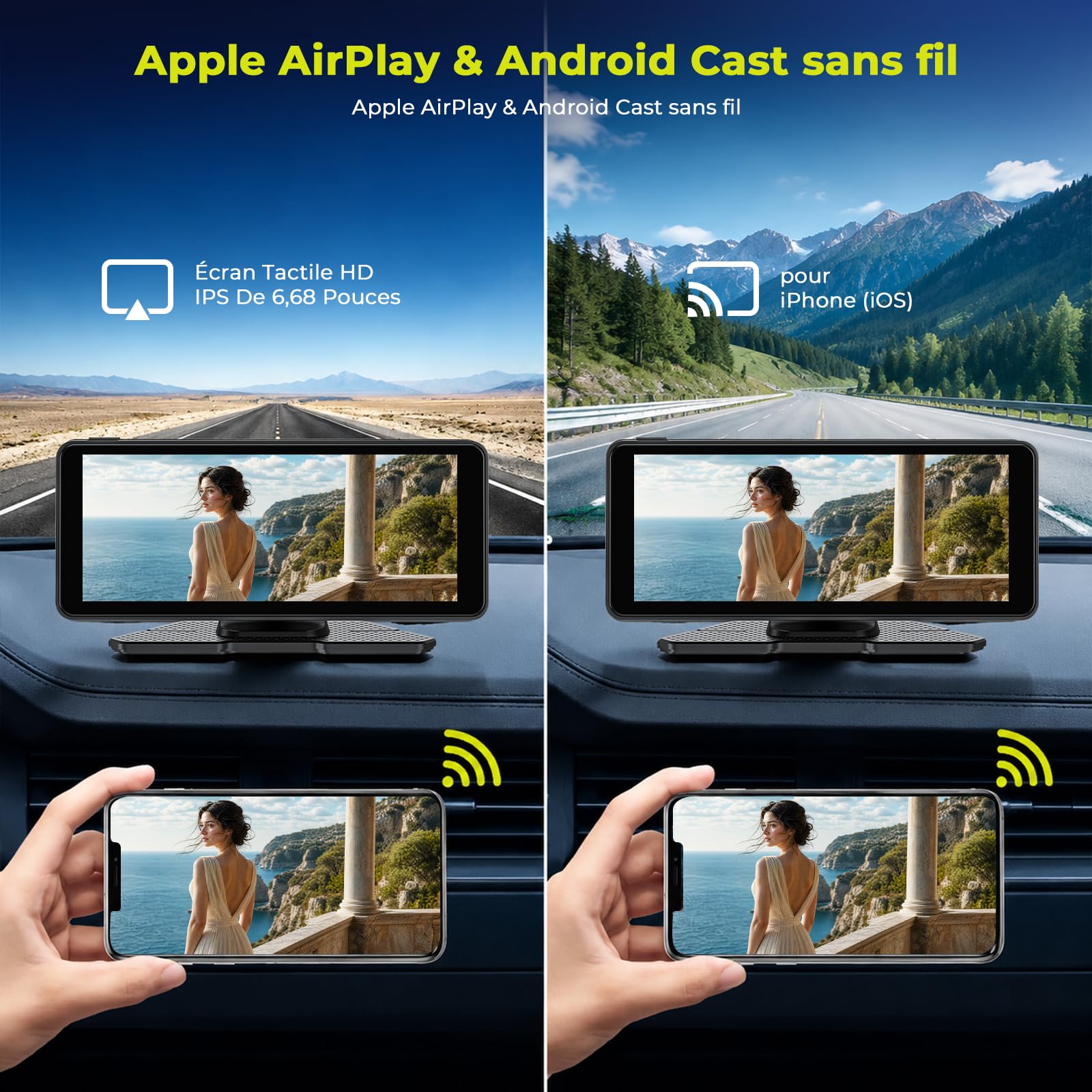 LAMTTO Display Wireless CarPlay & Android Auto Con Dashcam 2,5K + 1080P, Schermo Touch HD Portatile da 6,86 Pollici, CarPlay Con Assistente Vocale, Navigazione, Bluetooth, Scheda da 64 GB, Mirror Link