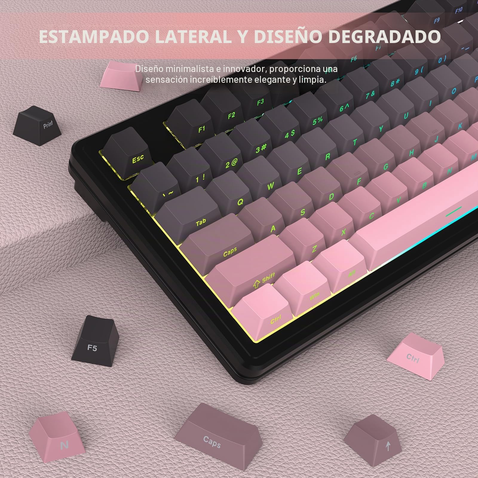 LexonElec x Attack Shark M87 Wireless Gaming Keyboard, BT y 2,4G y Cable, QWERTY 75% RGB Teclado Mecánico, Hot-Swap Interruptor Lineal, Teclas PBT Degradado con Impresión Lateral - Negro/Rosa
