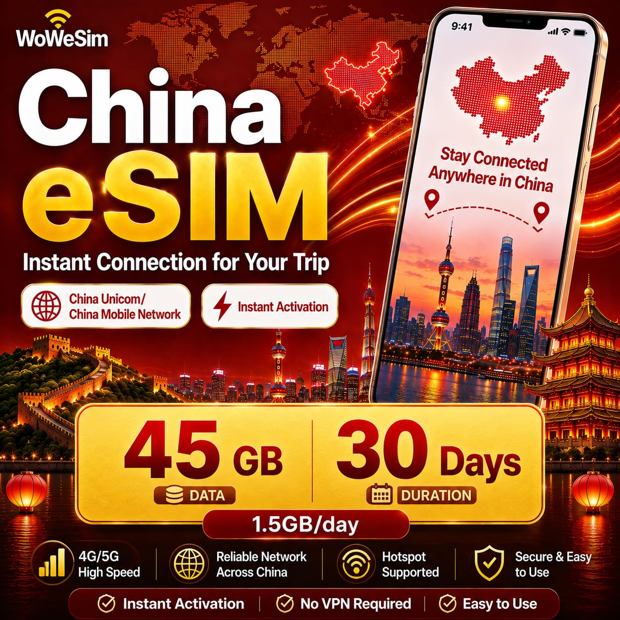 China eSIM 45GB - 30 Days 5G LTE Hotspot No Physical SIM