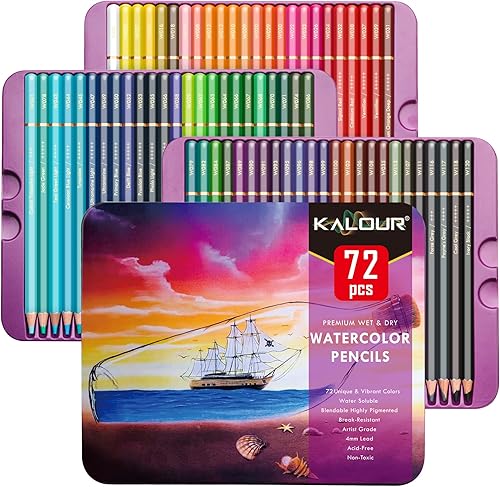 KALOUR Lápices profesionales de acuarela, juego de 72 colores, numerados y resistentes a la luz, lápices de colores solubles en agua para libros de