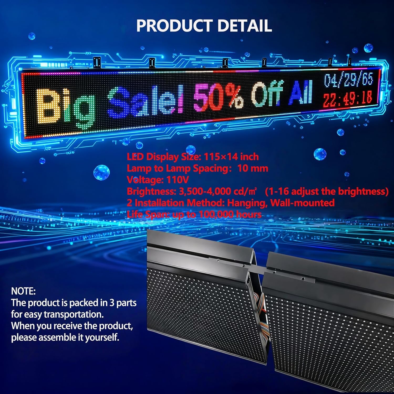 P10 Programmable LED Sign Outdoor, RGB Full Color Scrolling LED Sign with 4000CD/㎡ High Brightness, WIFI Control Open Welcome Led Digital Display for Business Advertising, Store, 115”x 14”
