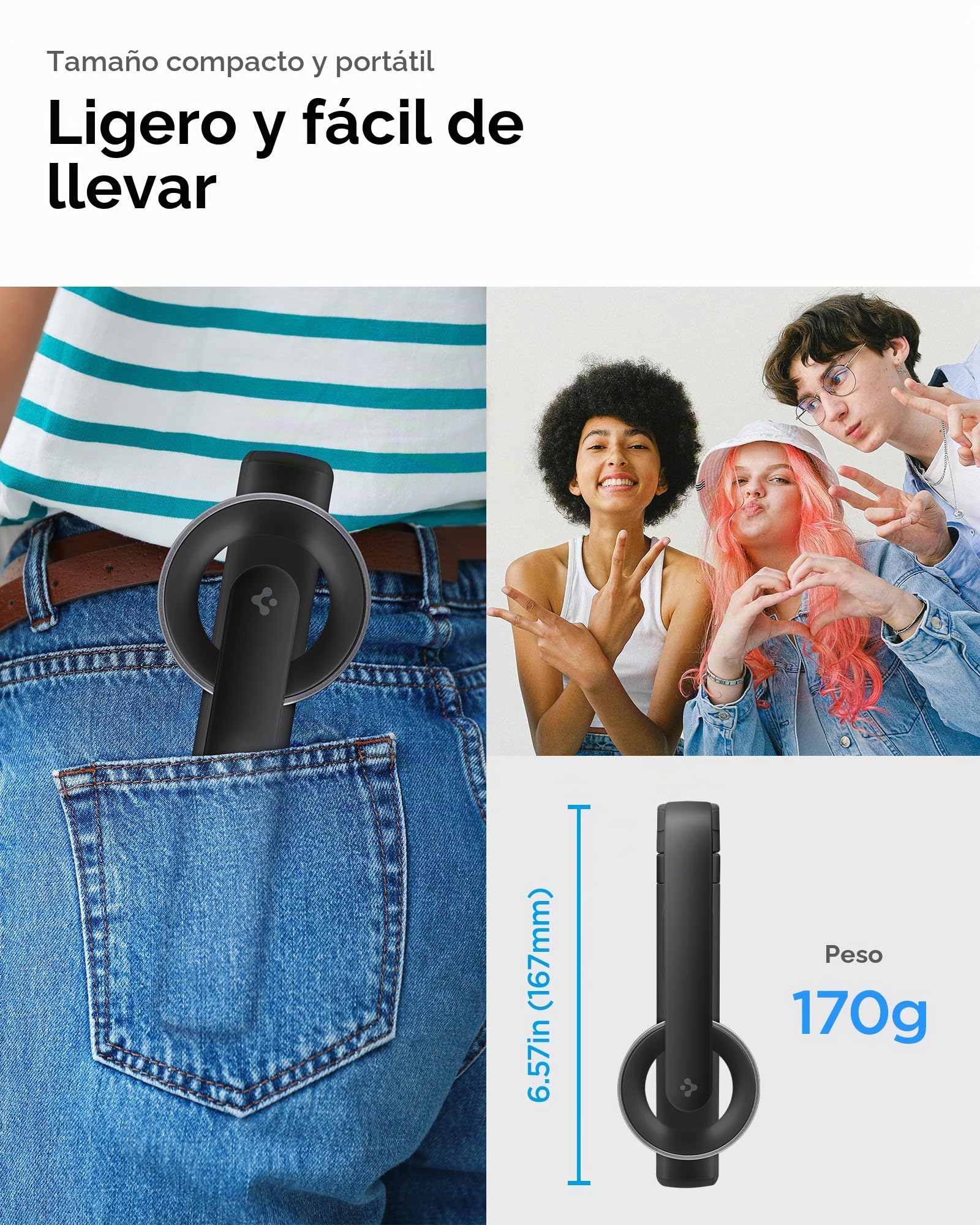 Spigen S571W MagFit Palo Selfie Anillo Metálico y Correa | Negro, Imán 18N Fuerte, Compacto y Ligero 170g, Soporte Todo en Uno para iPhone, Samsung Android, Pixel