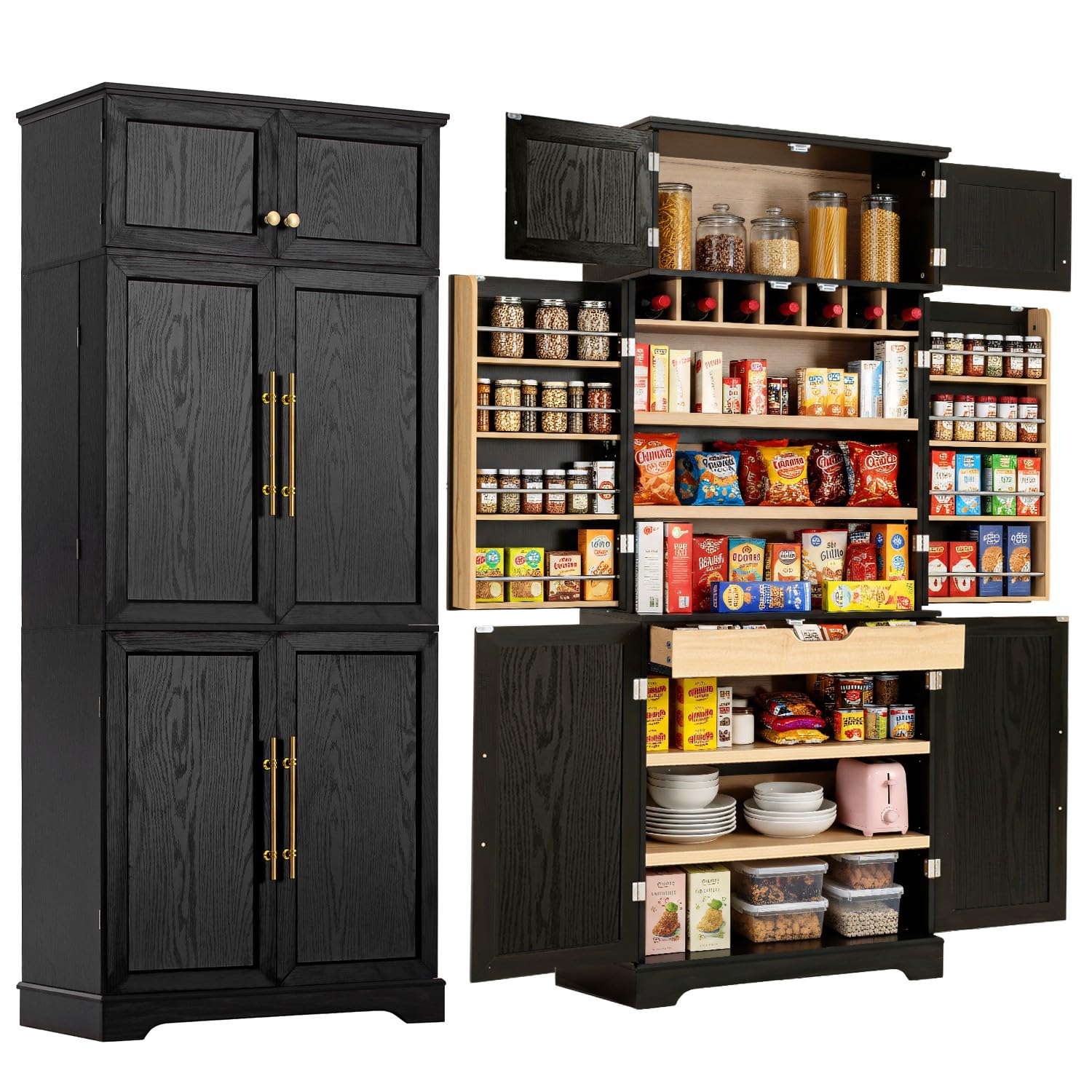 Photo 1 of ***PARTIAL SET - PRICE ADJUSTED***Merax 78.2" Tall Kitchen Pantry Storage Cabinet, Farmhouse Freestanding Large Cupboard with Hidden Drawer, Cabinet, 4 Adjustable Shelves, 8 Door-Shelf & 7 Wine Rack for Dining Room, Ash Black