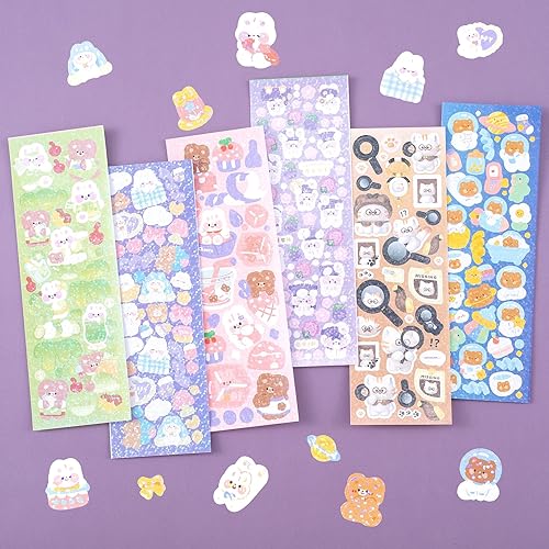 Miniatura 10 de HINZIC 40 hojas de calcomanías kawaii coreanas Deco autoadhesivas de oso, conejo, tigre, gato, calcomanías Kpop para tarjetas fotográficas,