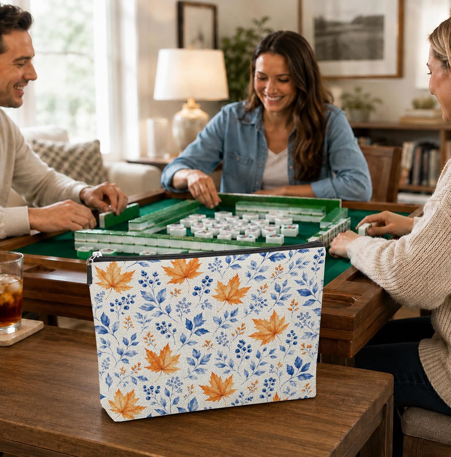 Fall Mahjong Tile Bag - Autumn Leaves on a game table